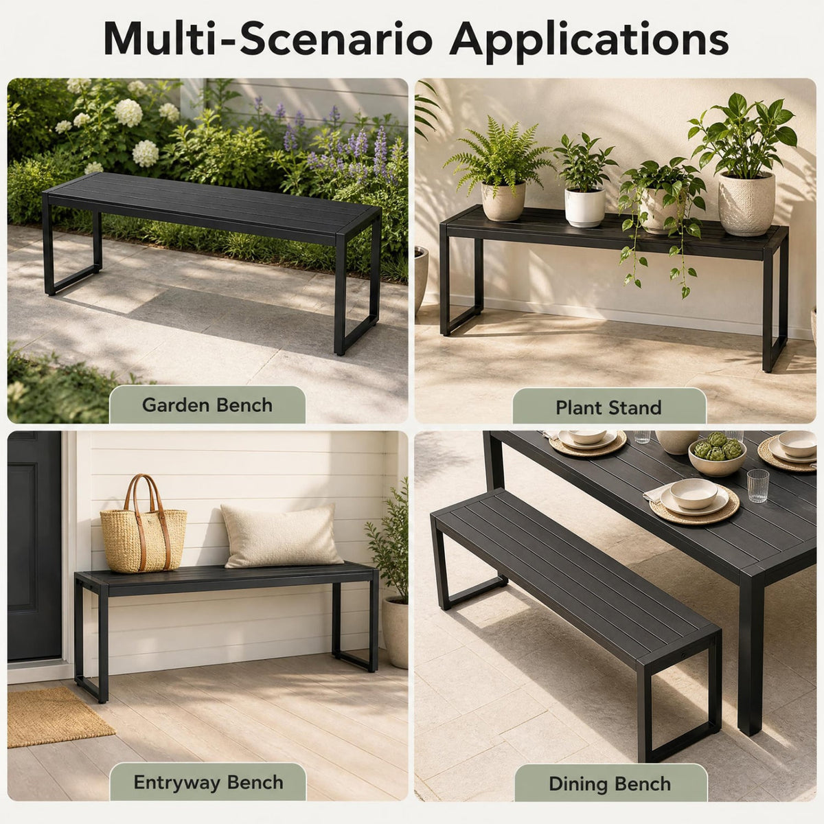 48" Outdoor Bench with Wood-Plastic Composite and Metal Frame Slatted Sea for Garden-Black-Outdoor Benches-DECOROLALA