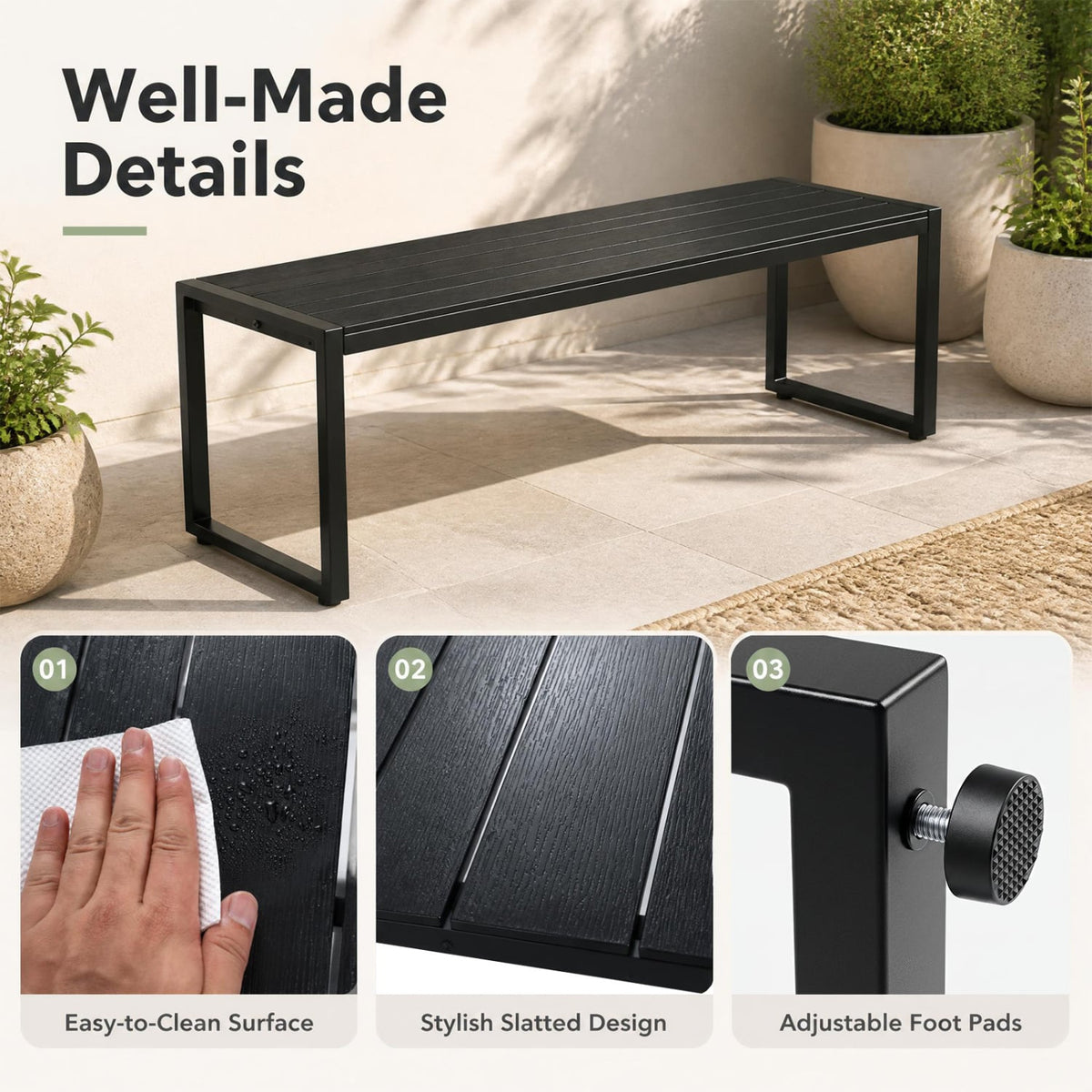 48" Outdoor Bench with Wood-Plastic Composite and Metal Frame Slatted Sea for Garden-Black-Outdoor Benches-DECOROLALA