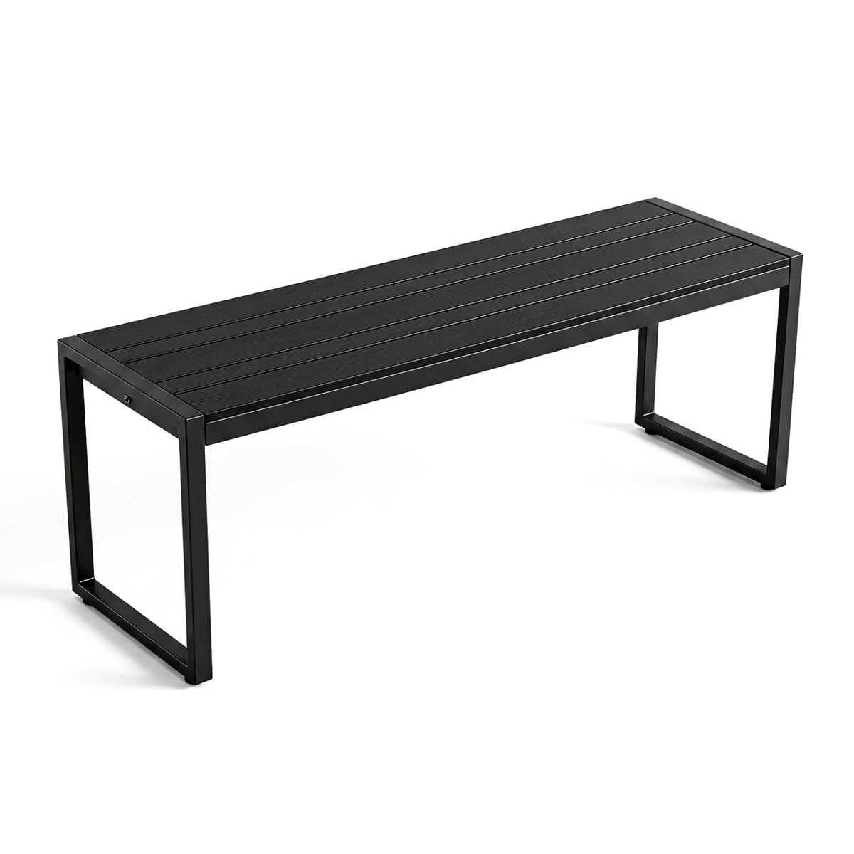 48" Outdoor Bench with Wood-Plastic Composite and Metal Frame Slatted Sea for Garden-Black-Outdoor Benches-DECOROLALA