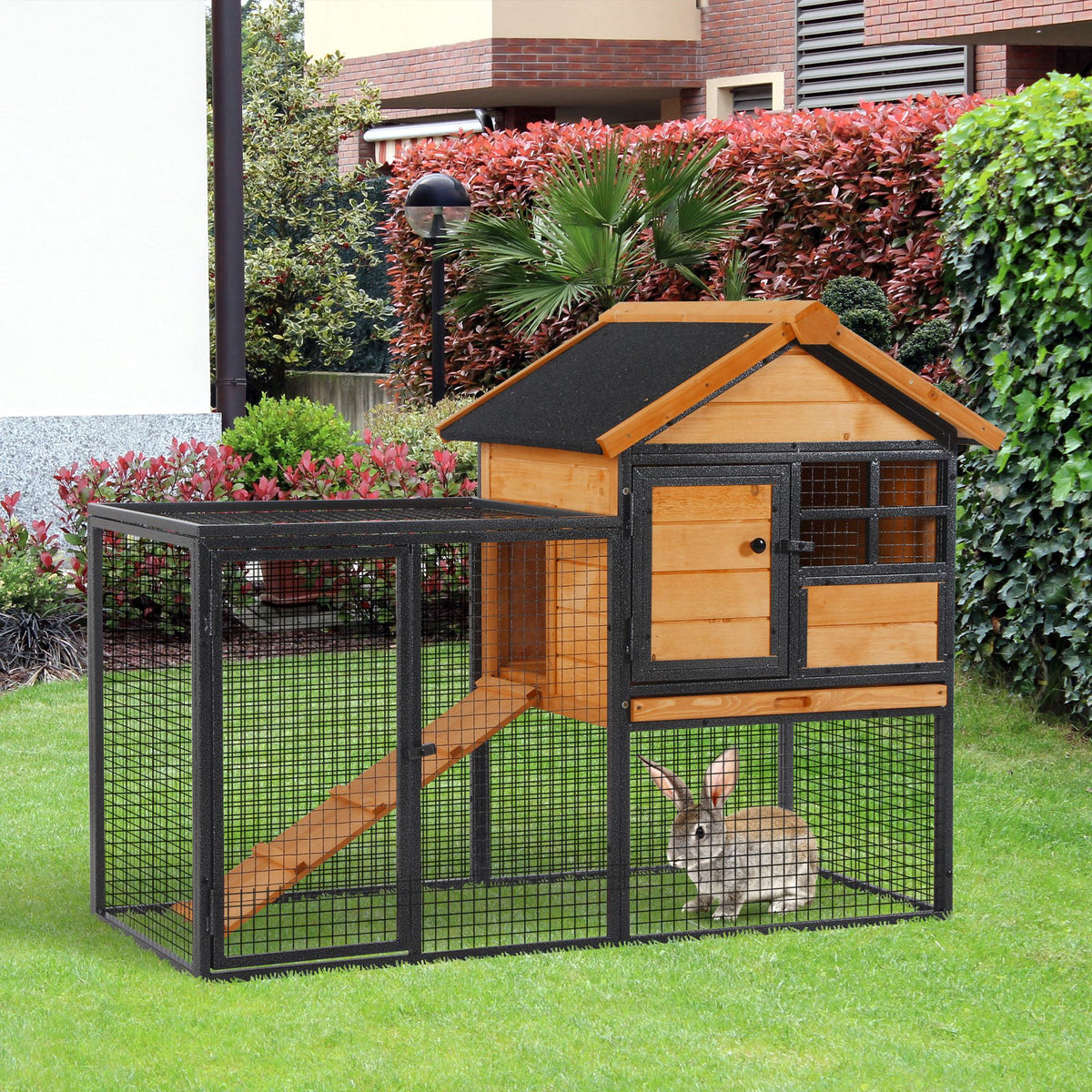 48" Outdoor Wooden Rabbit Hutch with Metal Run - Yellow-Small Animal Supplies-DECOROLALA