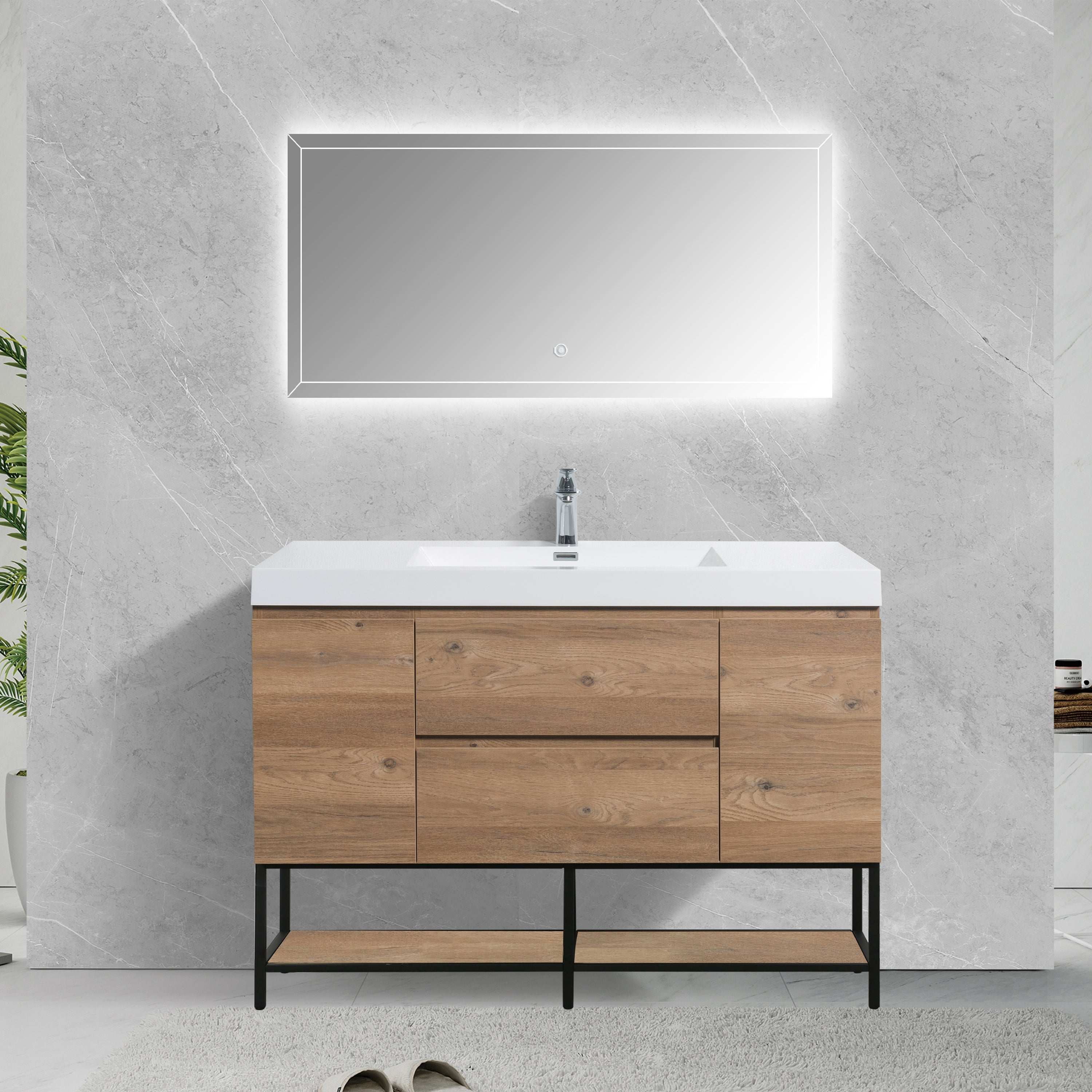 48" Rough Oak Wall Mount Single Sink Bathroom Vanity with White Polymarble Countertop - KD