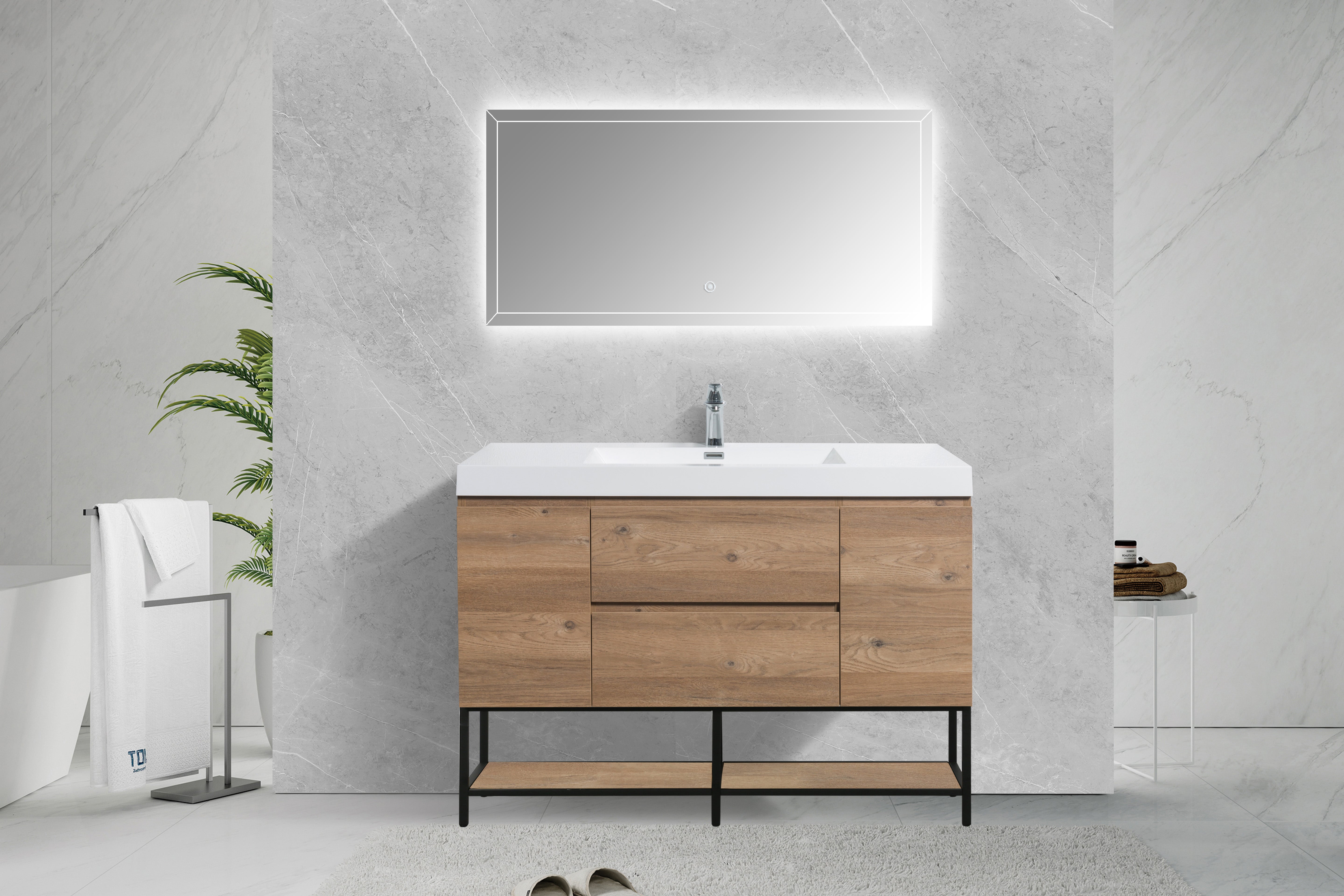48" Rough Oak Wall Mount Single Sink Bathroom Vanity with White Polymarble Countertop - KD