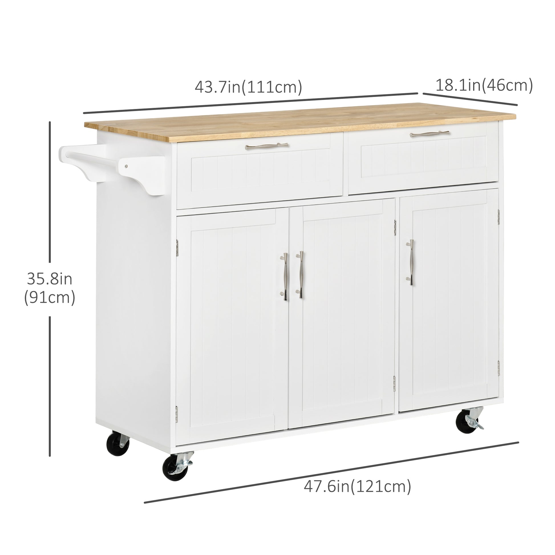 48" Rolling Kitchen Island Cart - White Wood Top 3-Door-DECOROLALA