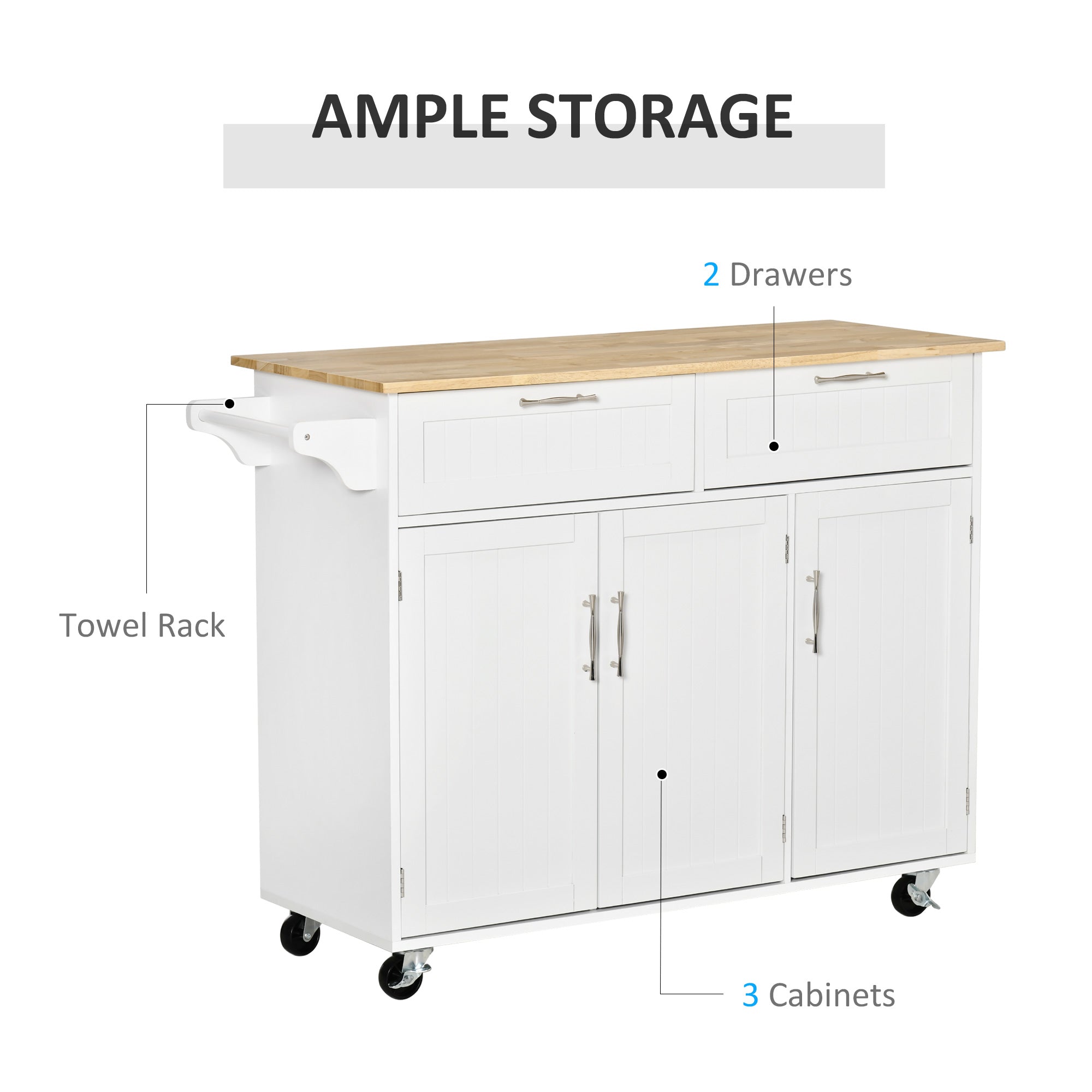 48" Rolling Kitchen Island Cart - White Wood Top 3-Door-DECOROLALA