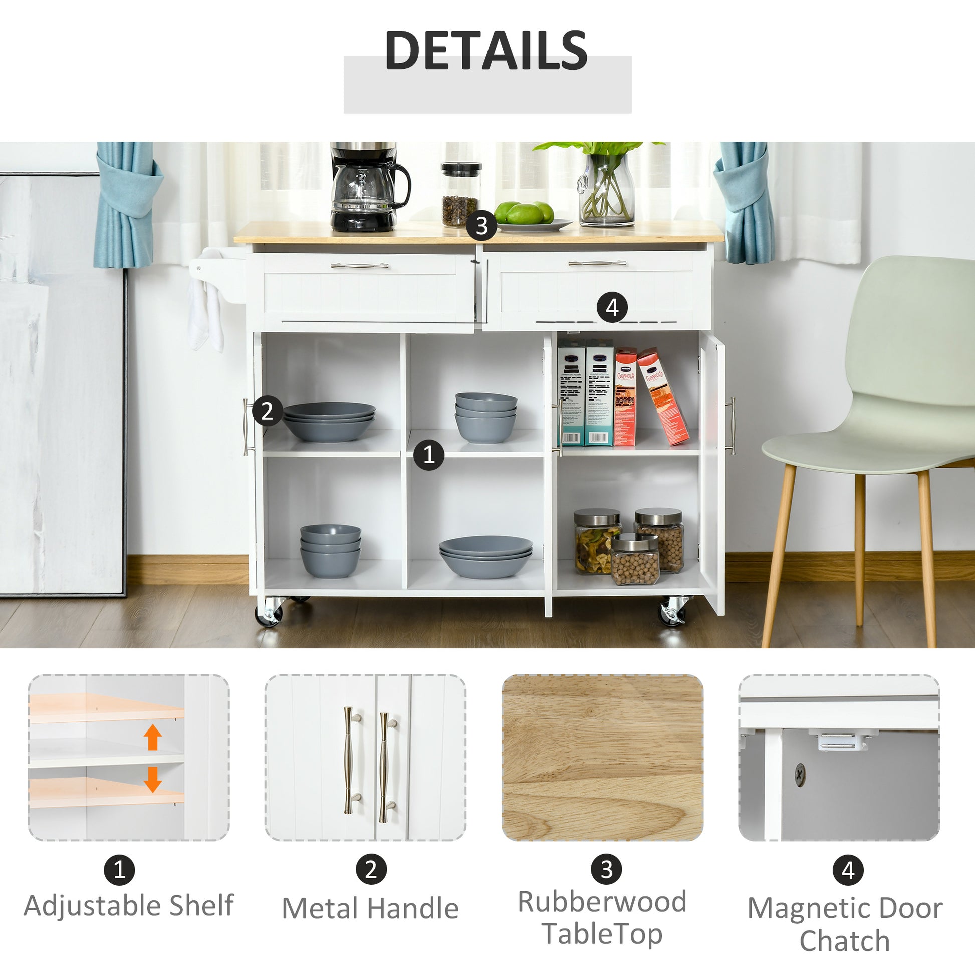 48" Rolling Kitchen Island Cart - White Wood Top 3-Door-DECOROLALA
