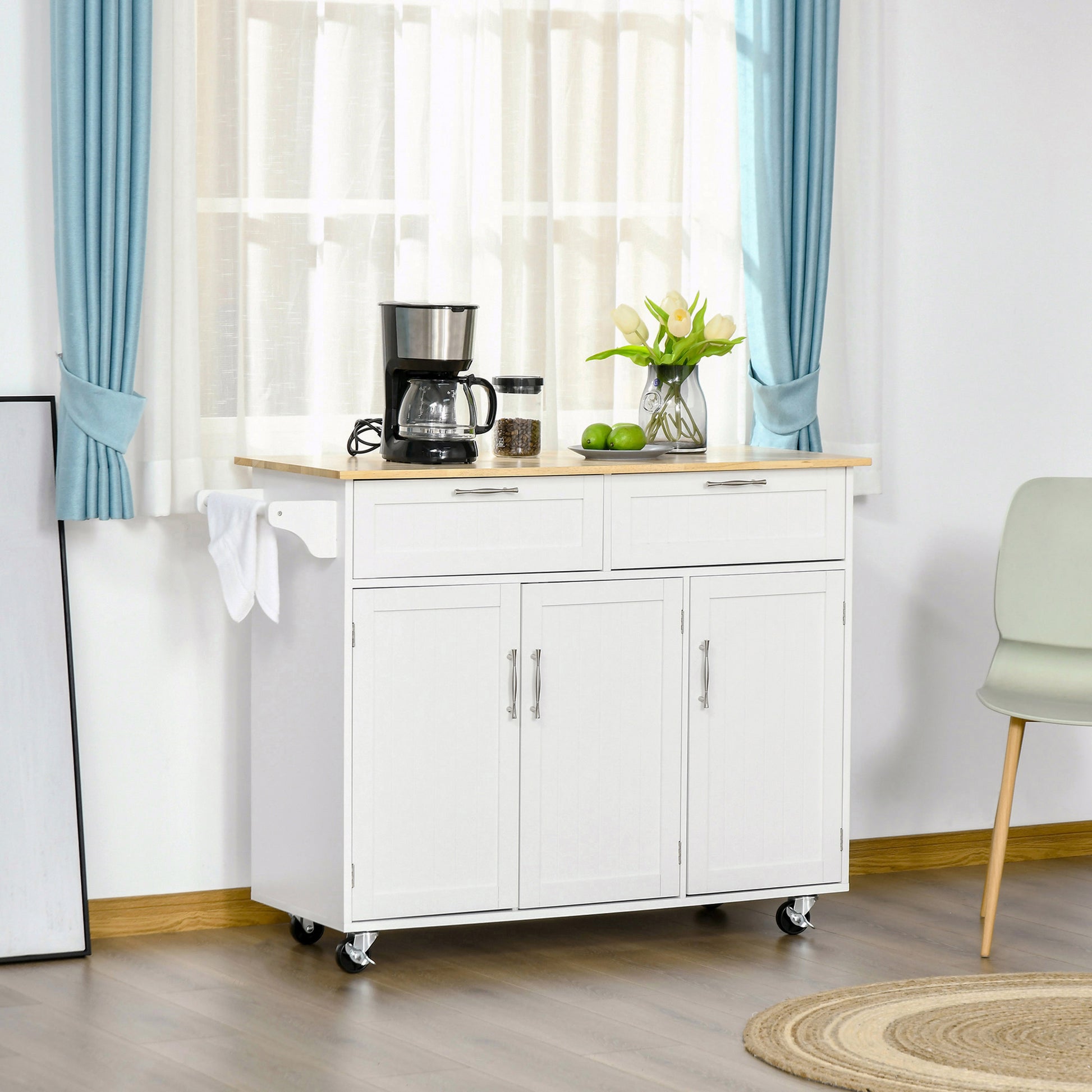 48" Rolling Kitchen Island Cart - White Wood Top 3-Door-DECOROLALA