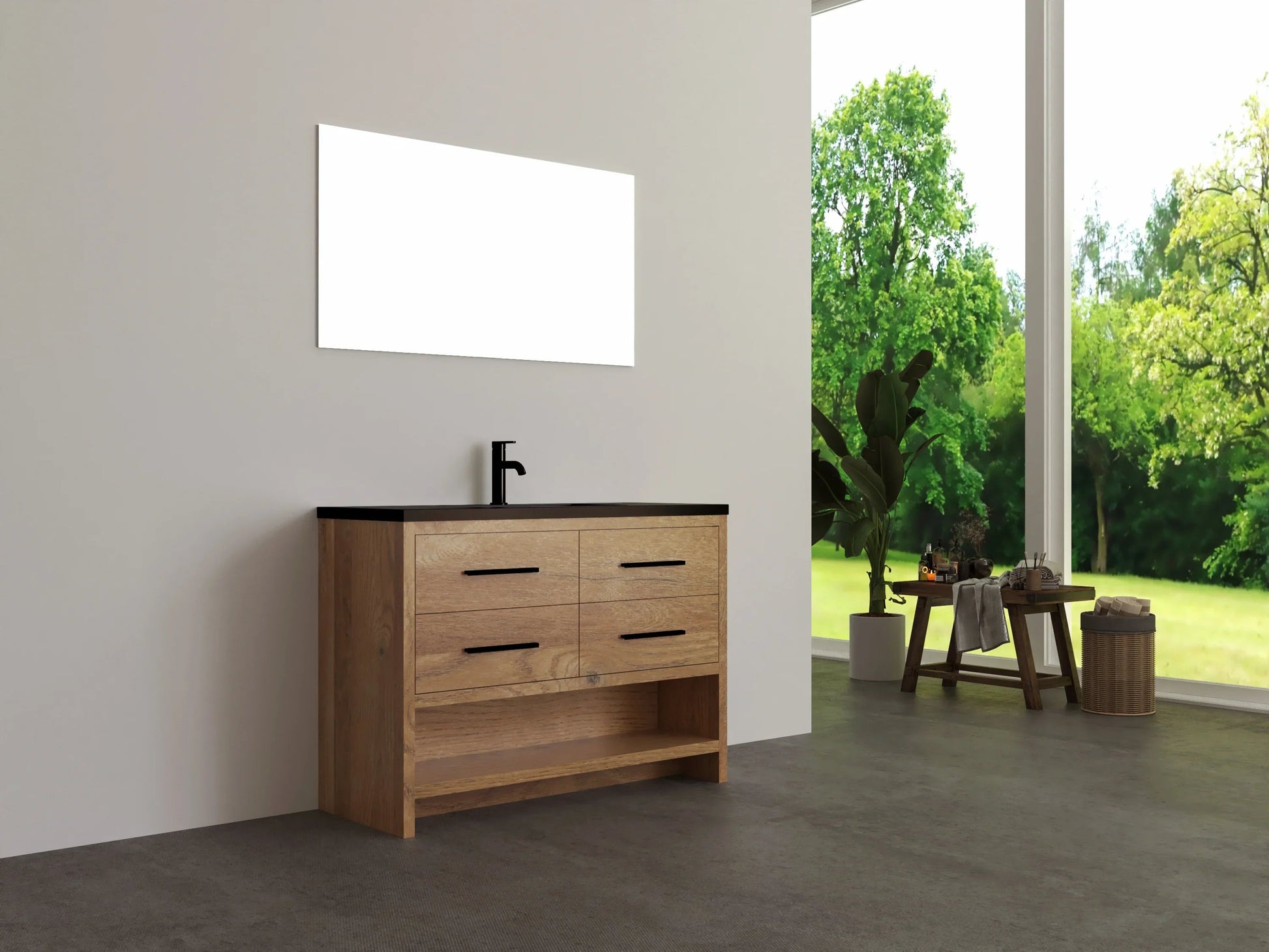 48" Rough Oak Freestanding Bathroom Vanity with Black Engineered Quartz Countertop-Migration_Bathroom Vanities-DECOROLALA