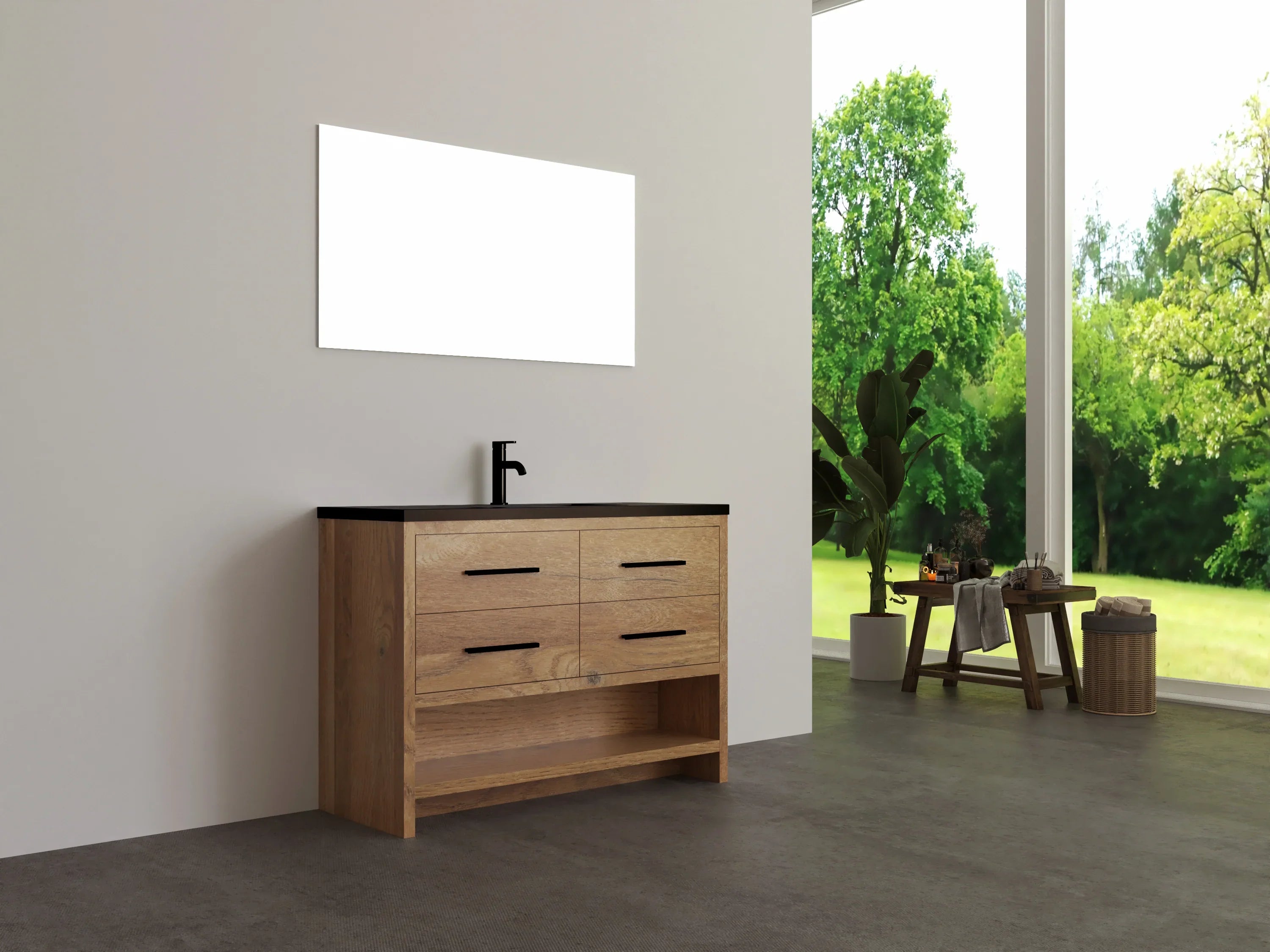 48" Rough Oak Freestanding Bathroom Vanity with Black Engineered Quartz Countertop-Migration_Bathroom Vanities-DECOROLALA