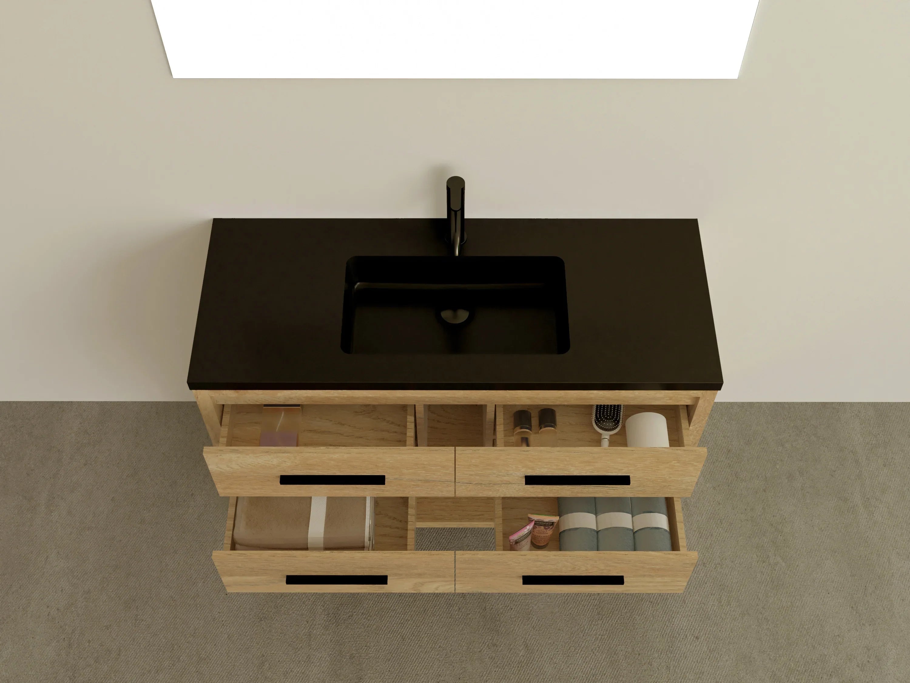 48" Rough Oak Freestanding Bathroom Vanity with Black Engineered Quartz Countertop-Migration_Bathroom Vanities-DECOROLALA