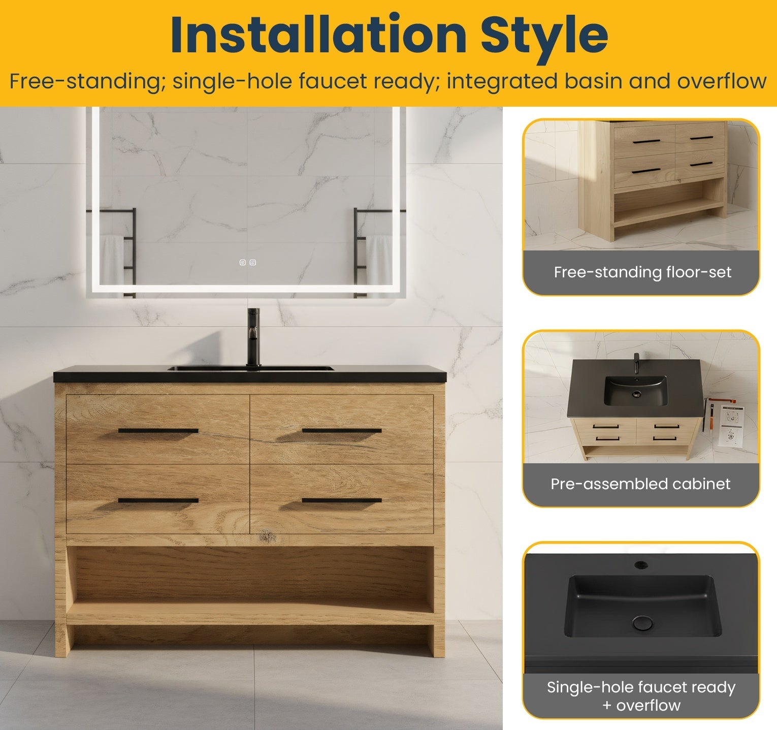 48" Rough Oak Freestanding Bathroom Vanity with Black Engineered Quartz Countertop-Migration_Bathroom Vanities-DECOROLALA