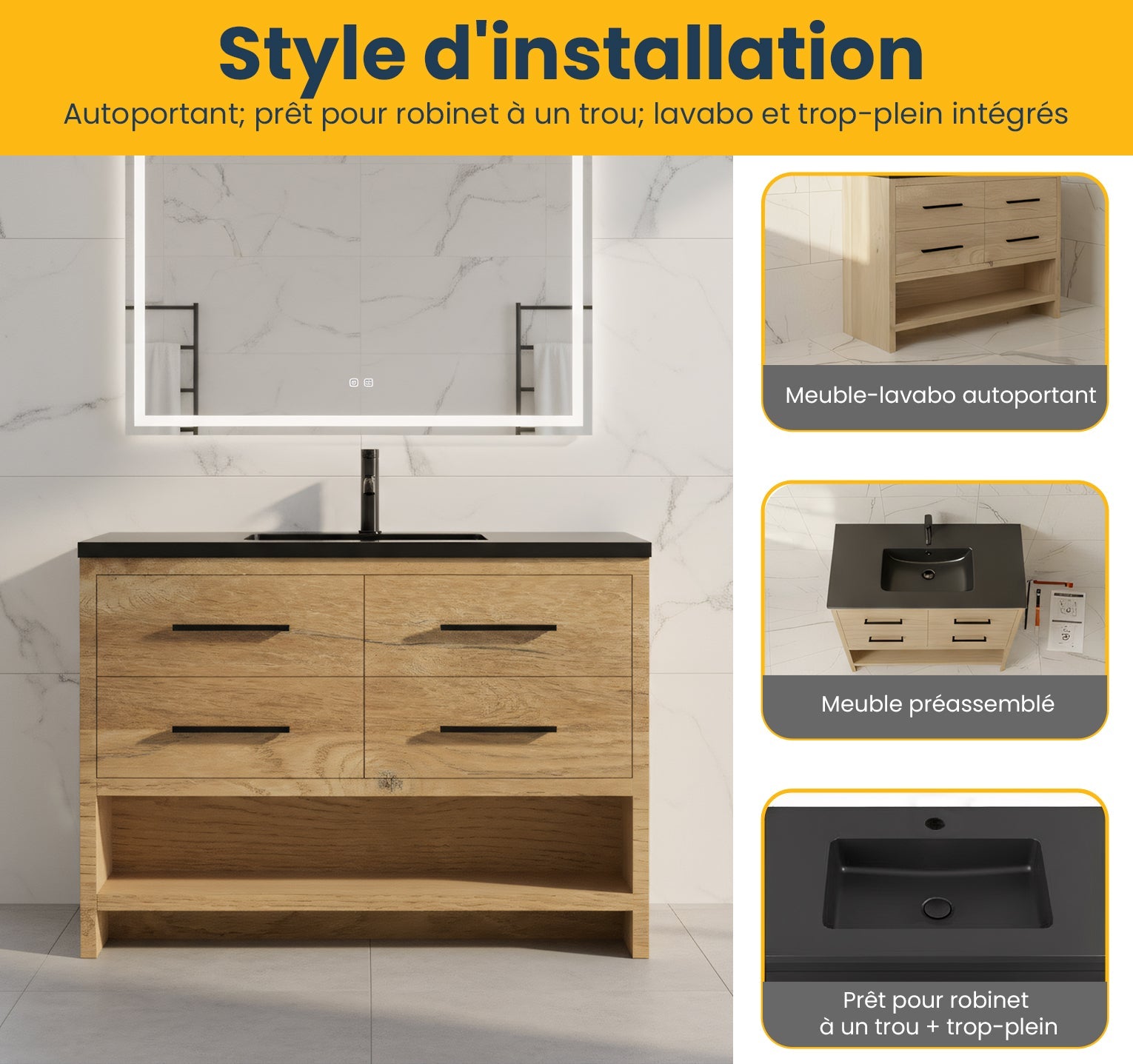 48" Rough Oak Freestanding Bathroom Vanity with Black Engineered Quartz Countertop-Migration_Bathroom Vanities-DECOROLALA