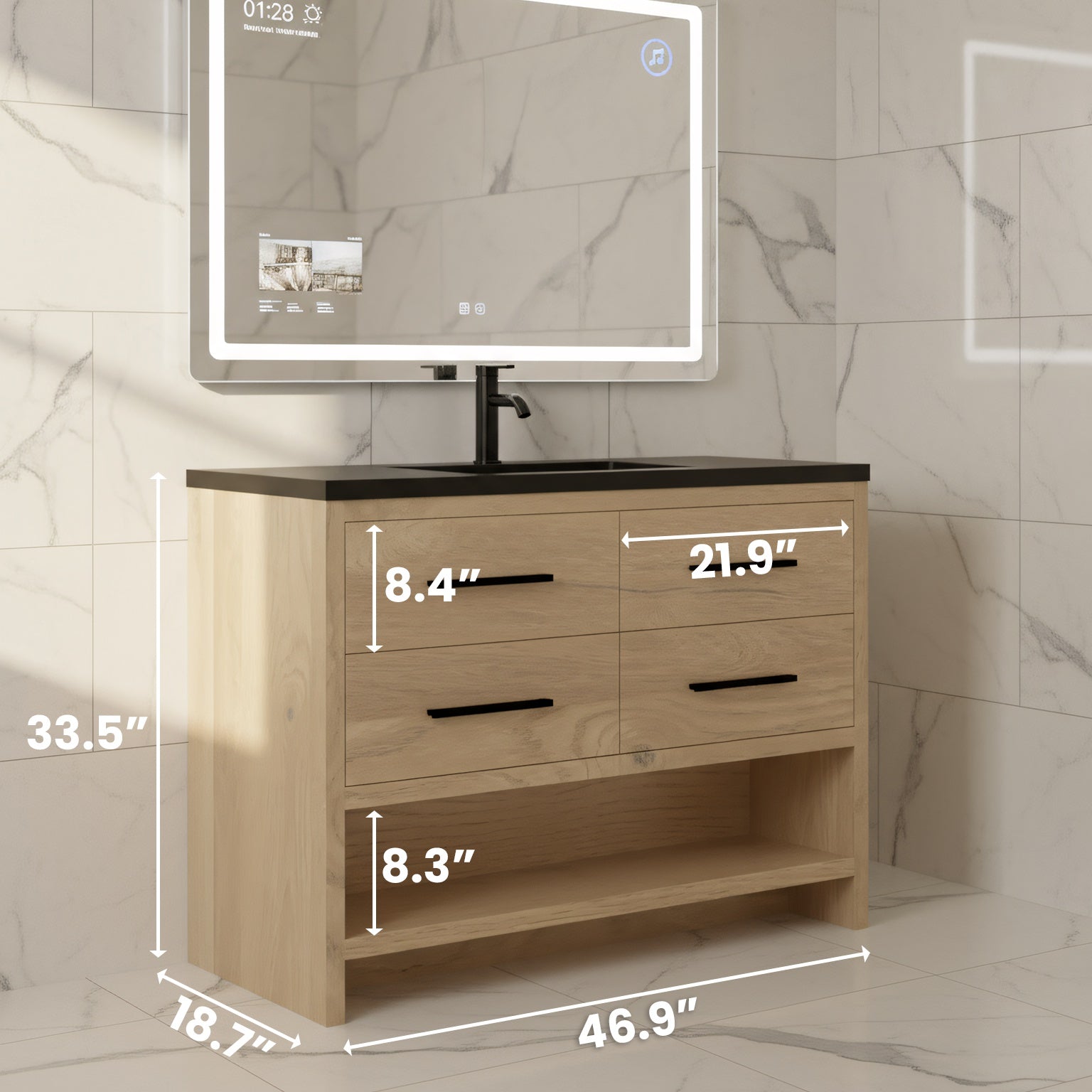 48" Rough Oak Freestanding Bathroom Vanity with Black Engineered Quartz Countertop-Migration_Bathroom Vanities-DECOROLALA
