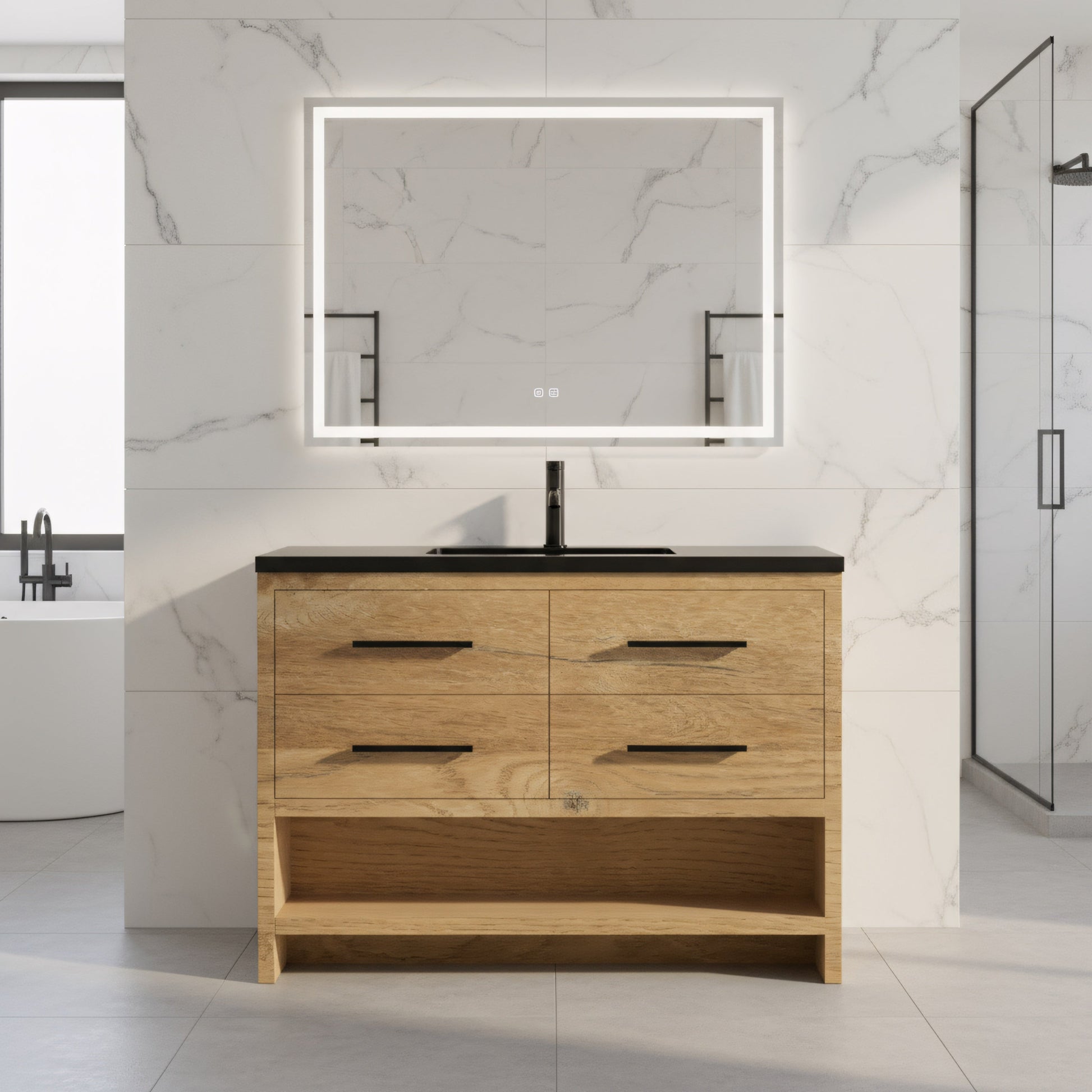 48" Rough Oak Freestanding Bathroom Vanity with Black Engineered Quartz Countertop-Migration_Bathroom Vanities-DECOROLALA
