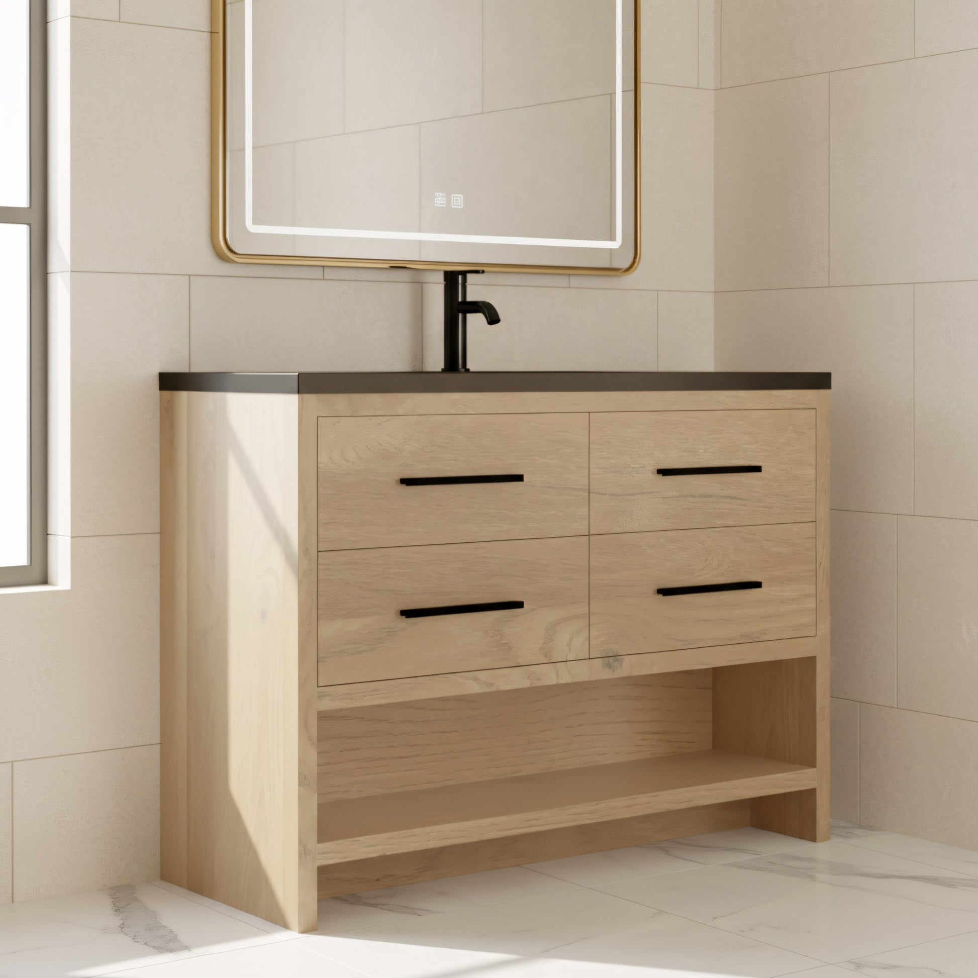 48" Rough Oak Freestanding Bathroom Vanity with Black Engineered Quartz Countertop-Migration_Bathroom Vanities-DECOROLALA