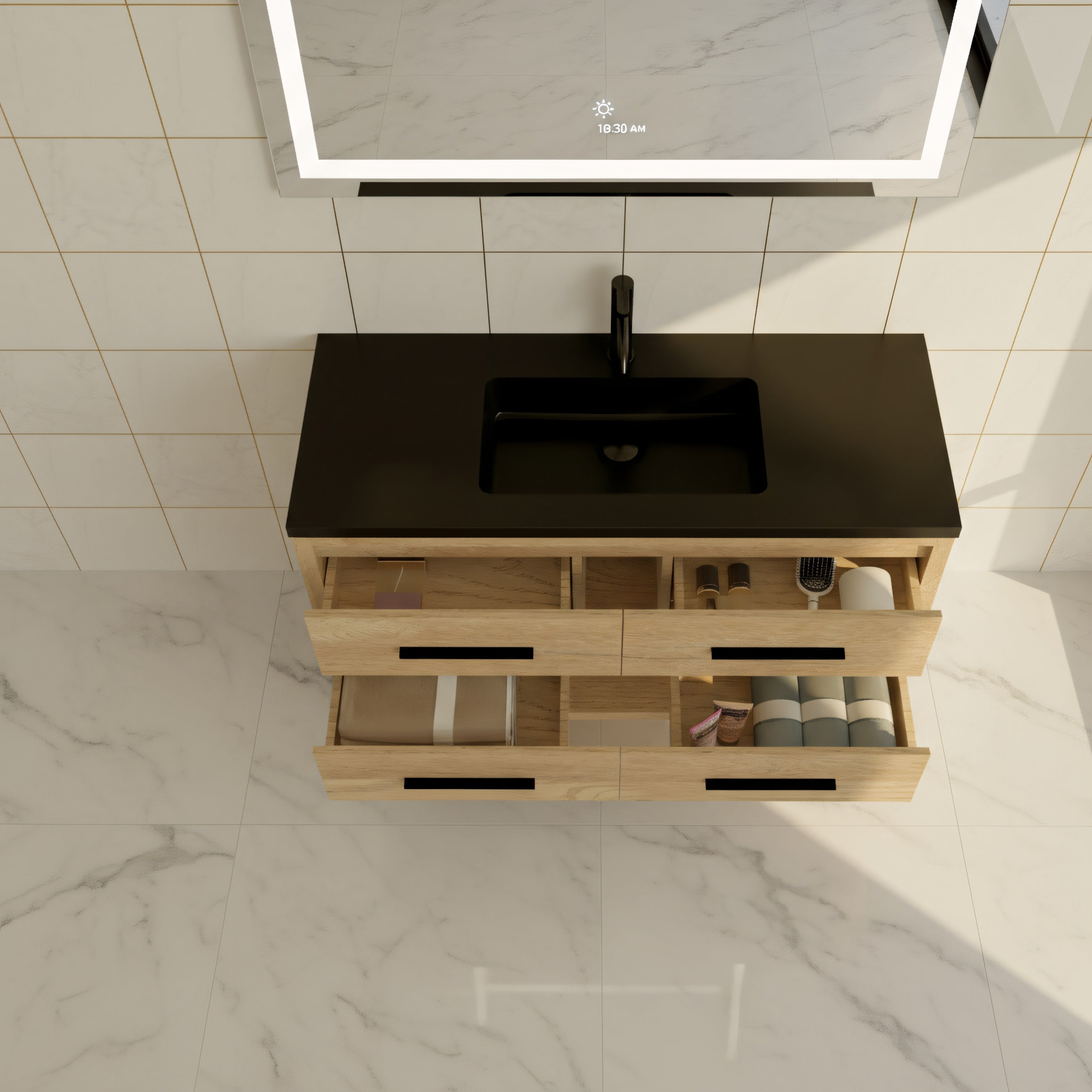 48" Rough Oak Freestanding Bathroom Vanity with Black Engineered Quartz Countertop-Migration_Bathroom Vanities-DECOROLALA