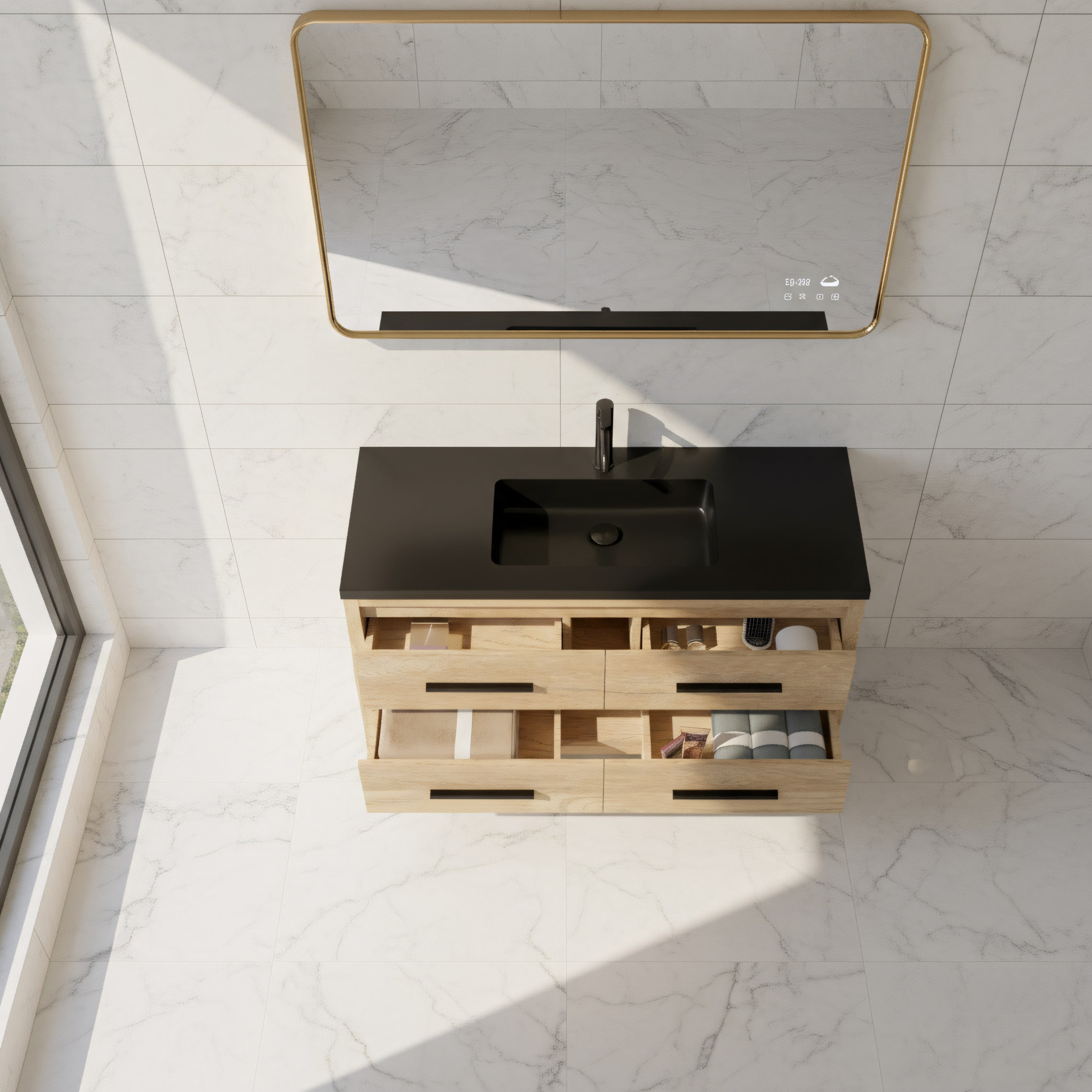 48" Rough Oak Freestanding Bathroom Vanity with Black Engineered Quartz Countertop-Migration_Bathroom Vanities-DECOROLALA