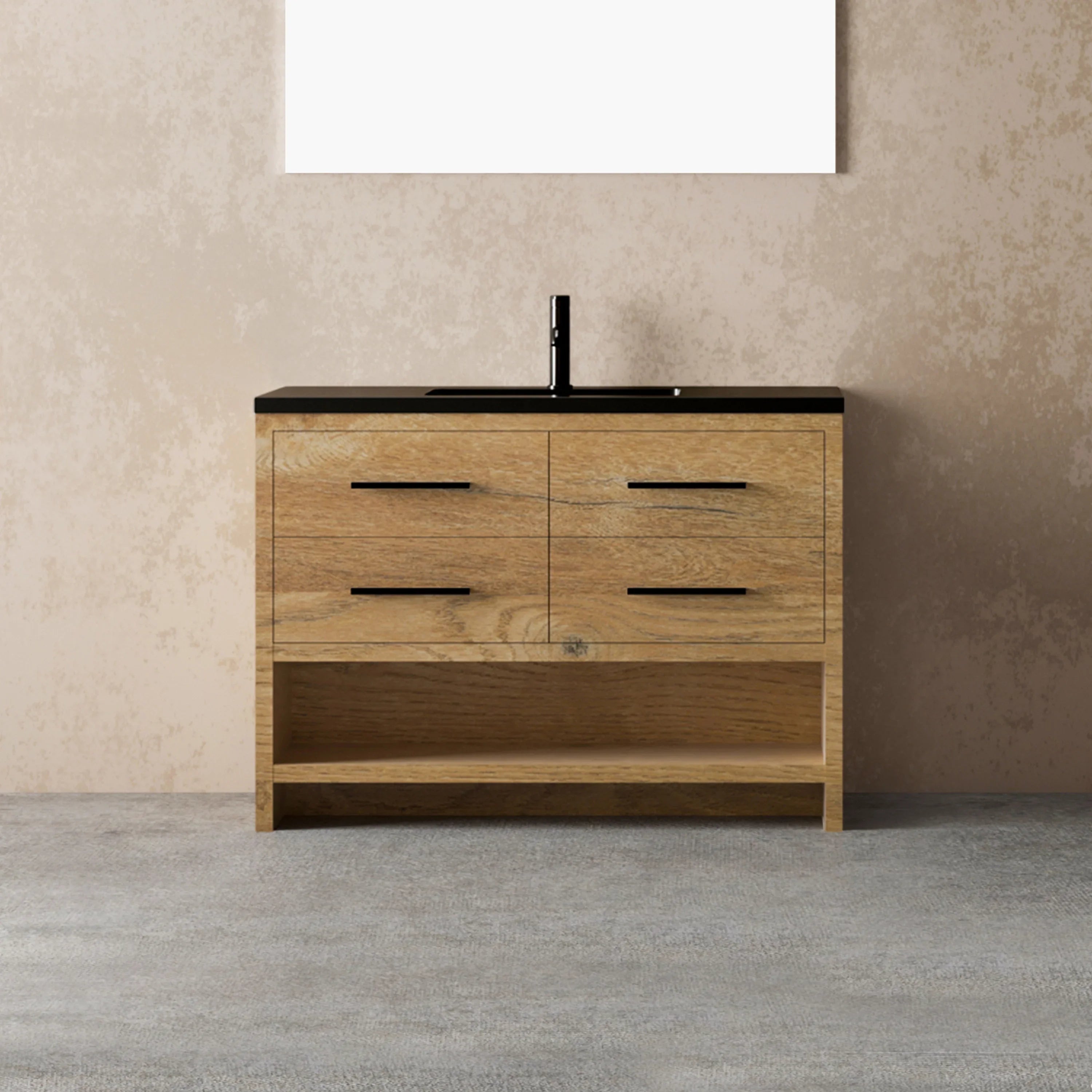 48" Rough Oak Freestanding Bathroom Vanity with Black Engineered Quartz Countertop-Migration_Bathroom Vanities-DECOROLALA