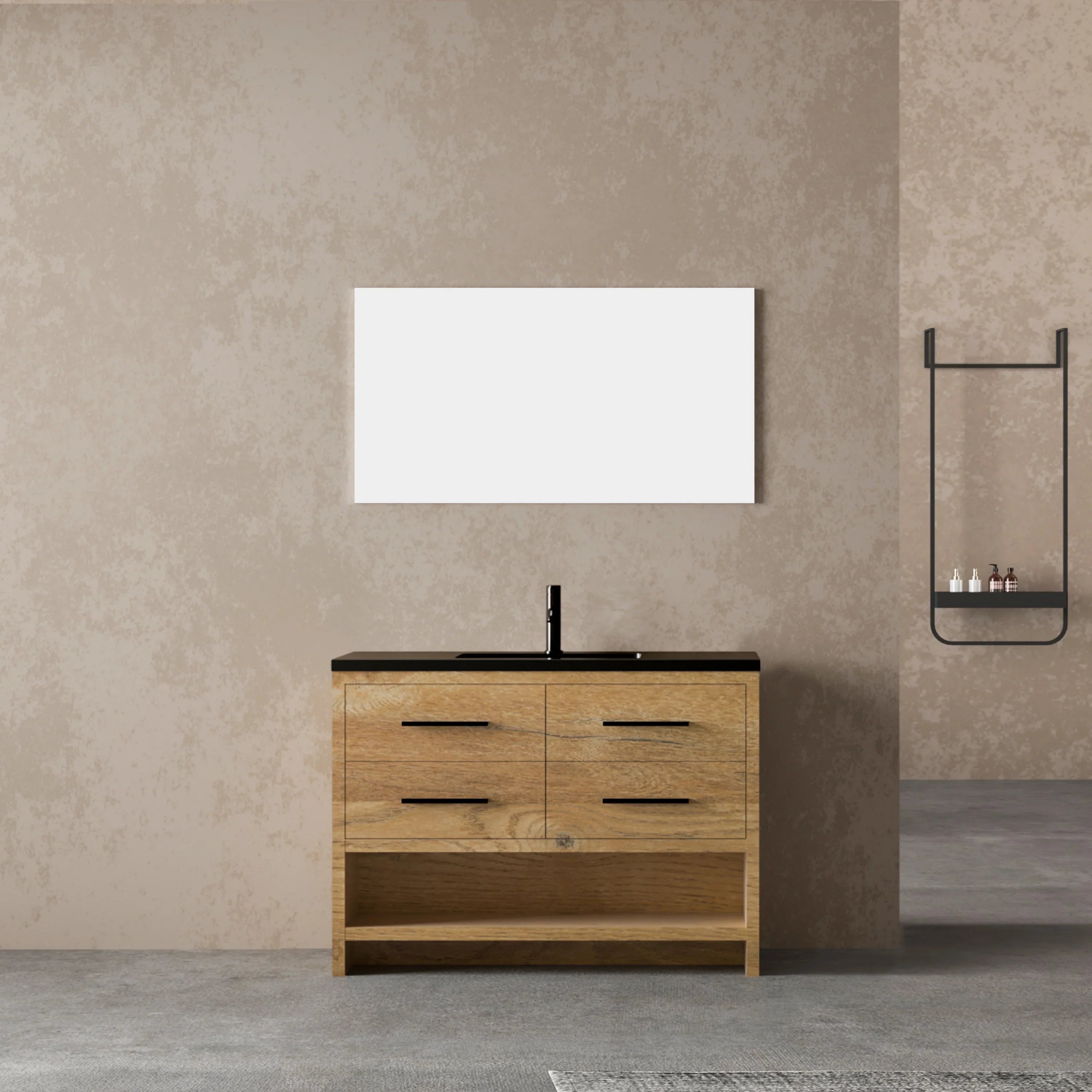 48" Rough Oak Freestanding Bathroom Vanity with Black Engineered Quartz Countertop-Migration_Bathroom Vanities-DECOROLALA