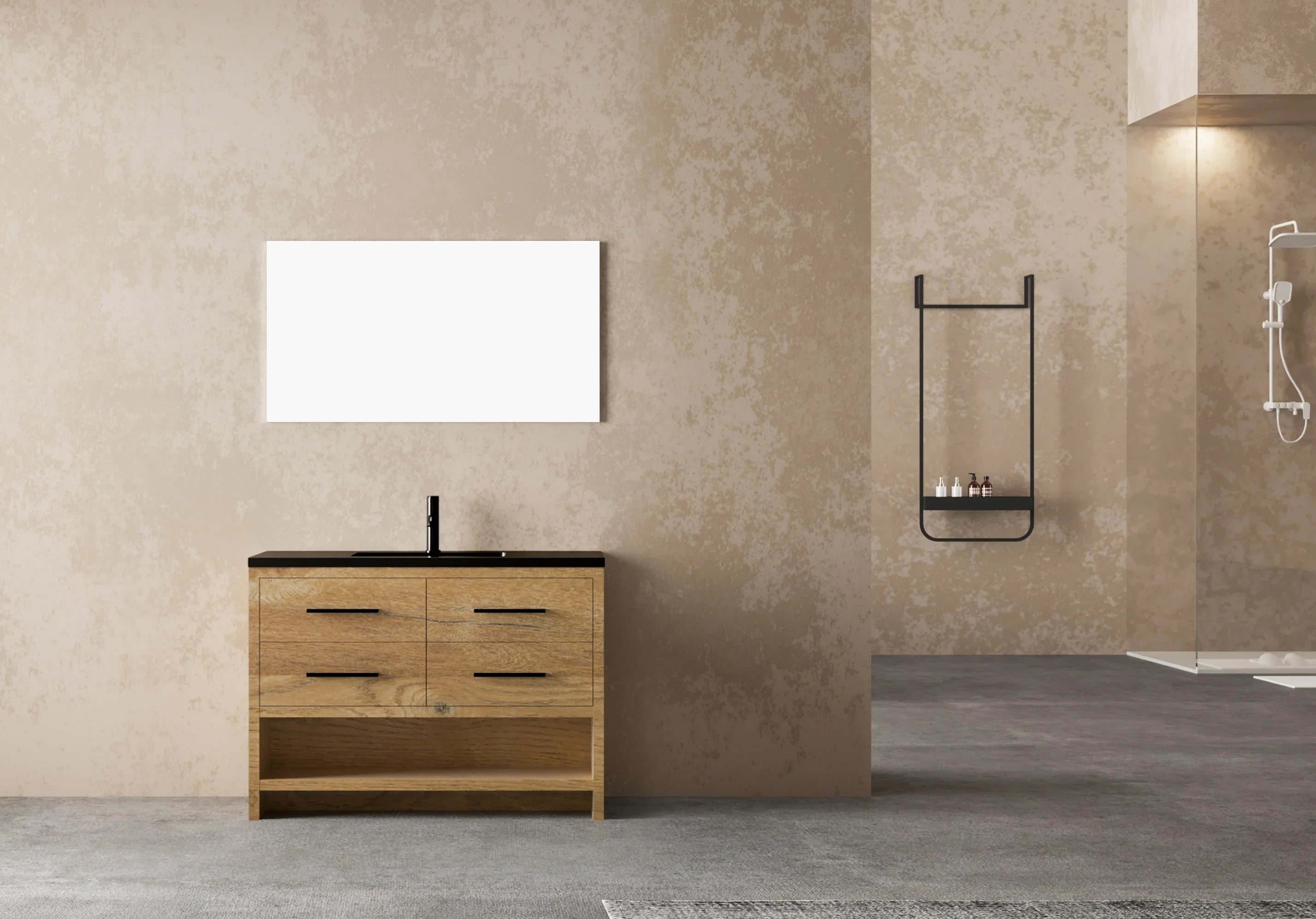 48" Rough Oak Freestanding Bathroom Vanity with Black Engineered Quartz Countertop-Migration_Bathroom Vanities-DECOROLALA