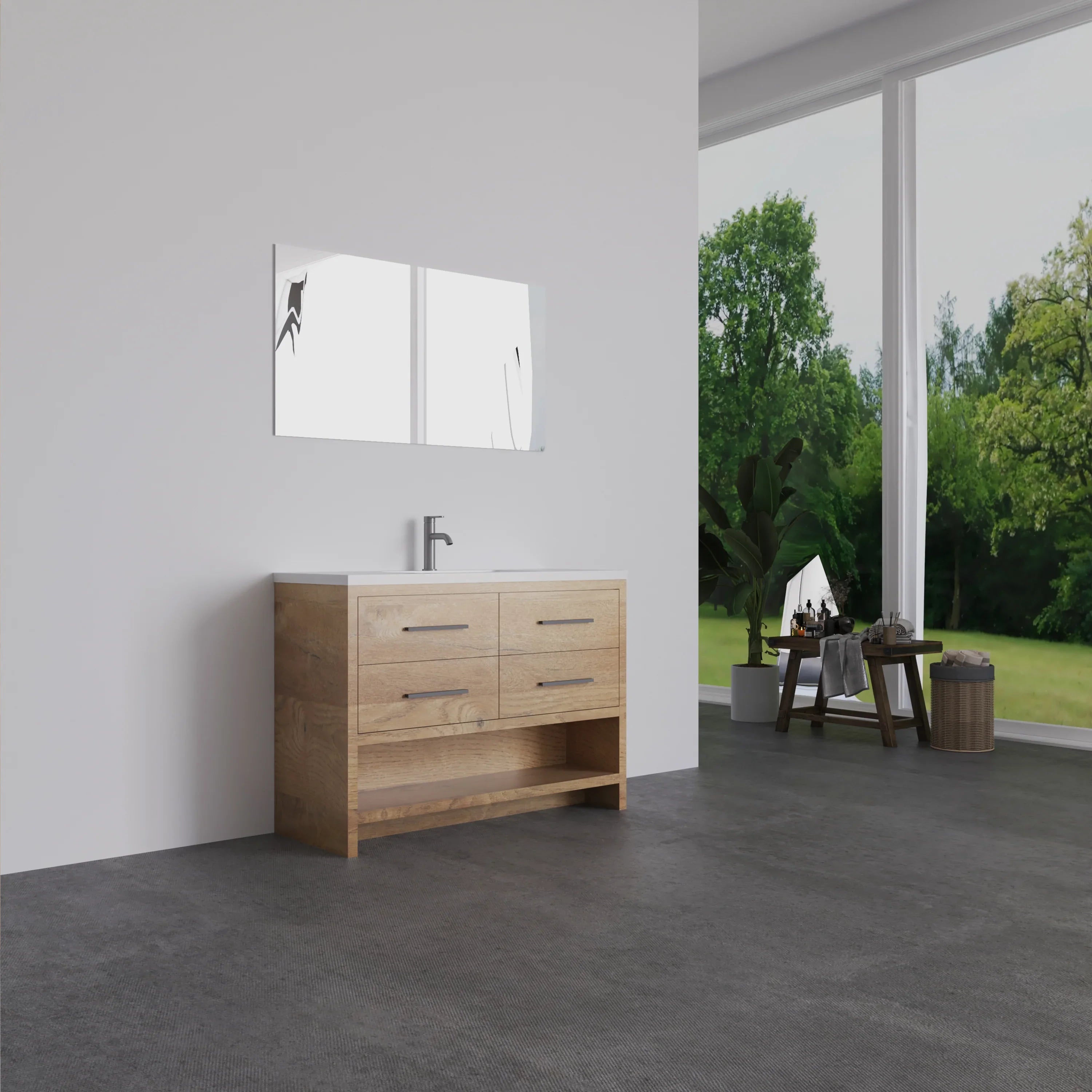 48" Rough Oak Freestanding Bathroom Vanity with White Polymarble Countertop-Migration_Bathroom Vanities-DECOROLALA