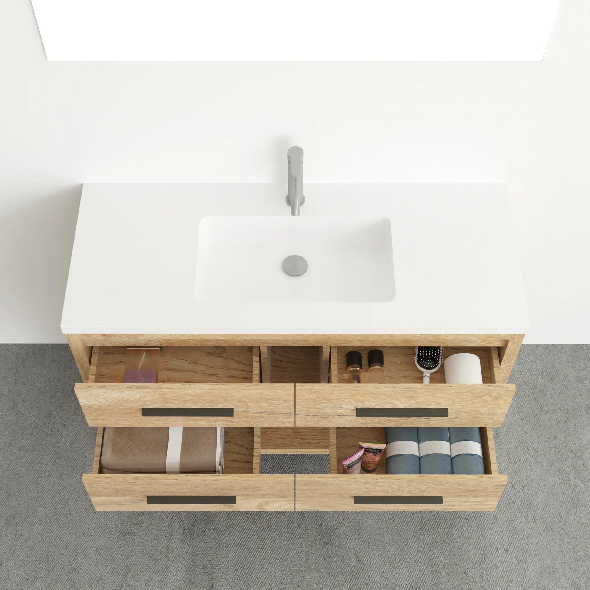 48" Rough Oak Freestanding Bathroom Vanity with White Polymarble Countertop-Migration_Bathroom Vanities-DECOROLALA