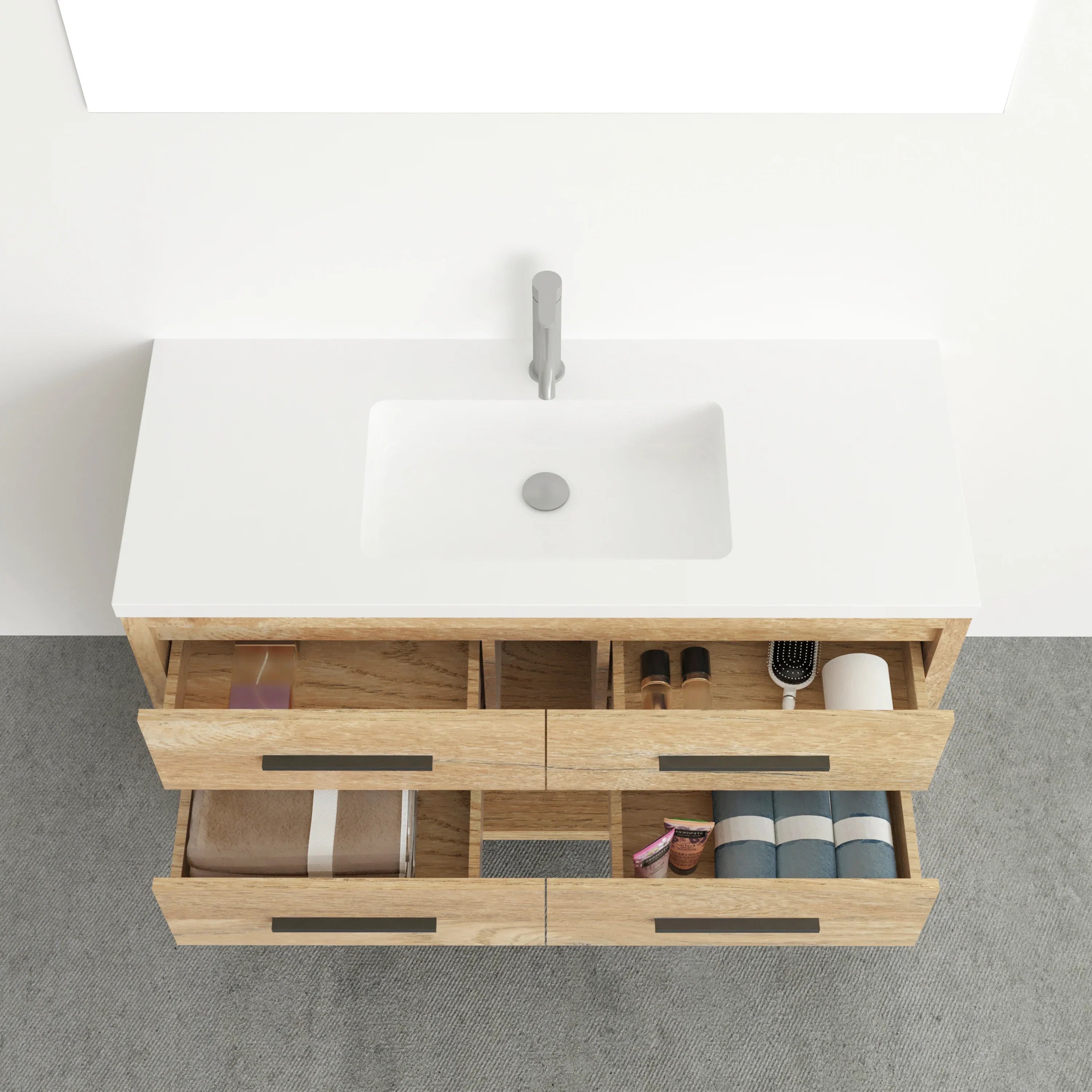 48" Rough Oak Freestanding Bathroom Vanity with White Polymarble Countertop-Migration_Bathroom Vanities-DECOROLALA