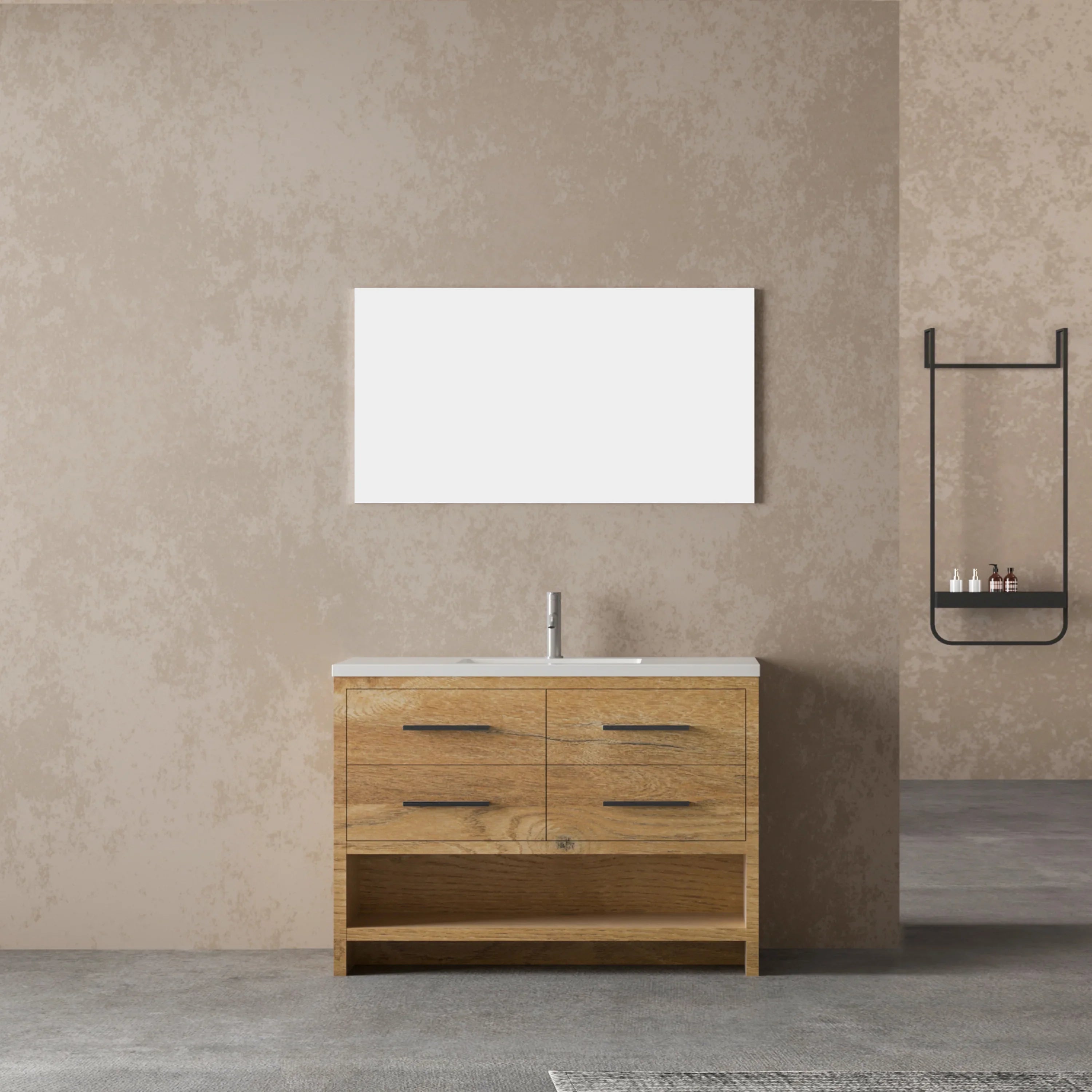 48" Rough Oak Freestanding Bathroom Vanity with White Polymarble Countertop-Migration_Bathroom Vanities-DECOROLALA