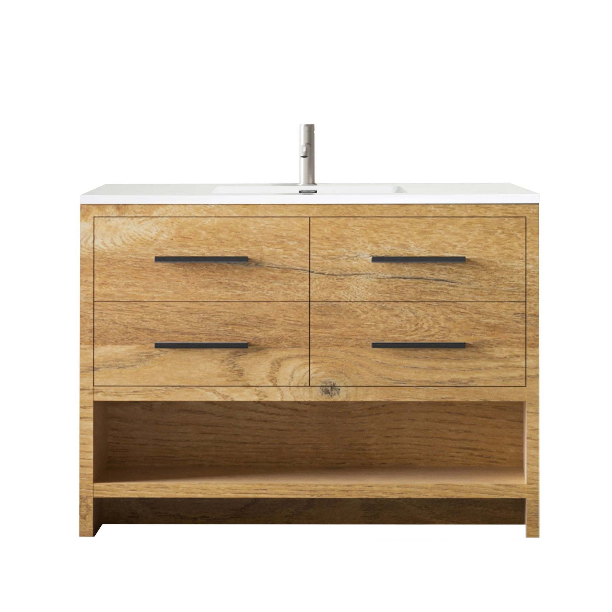 48" Rough Oak Freestanding Bathroom Vanity with White Polymarble Countertop-Migration_Bathroom Vanities-DECOROLALA