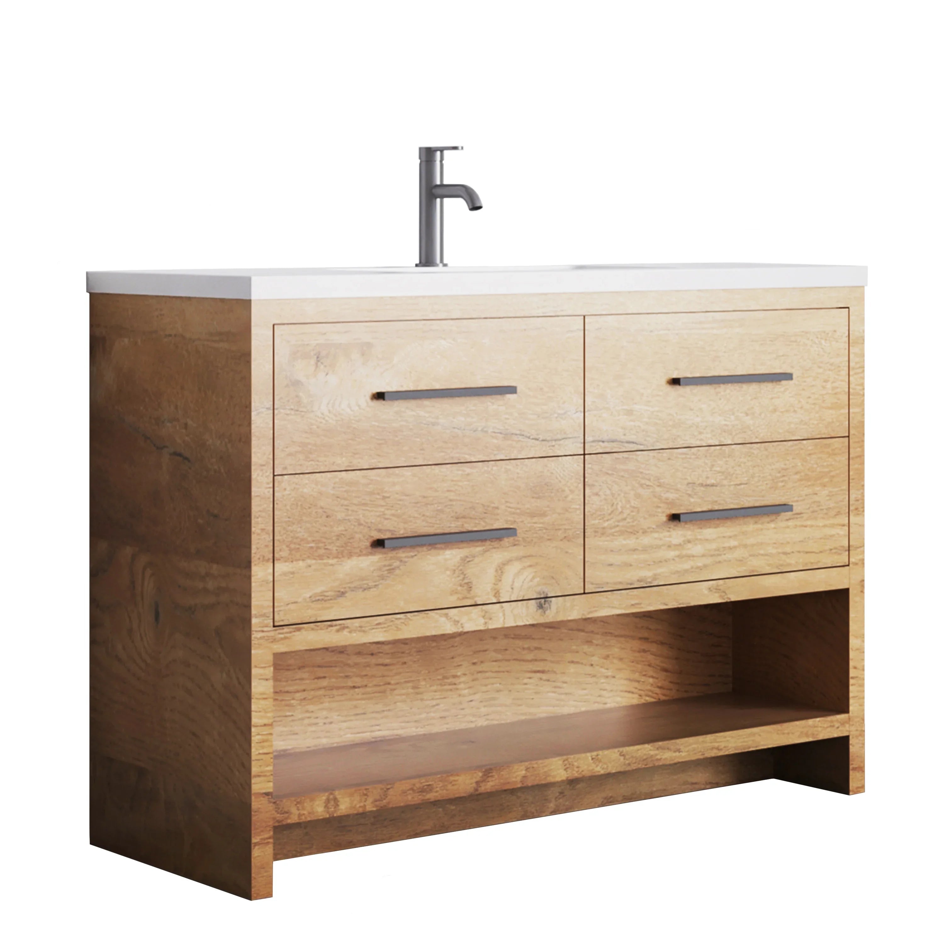 48" Rough Oak Freestanding Bathroom Vanity with White Polymarble Countertop-Migration_Bathroom Vanities-DECOROLALA