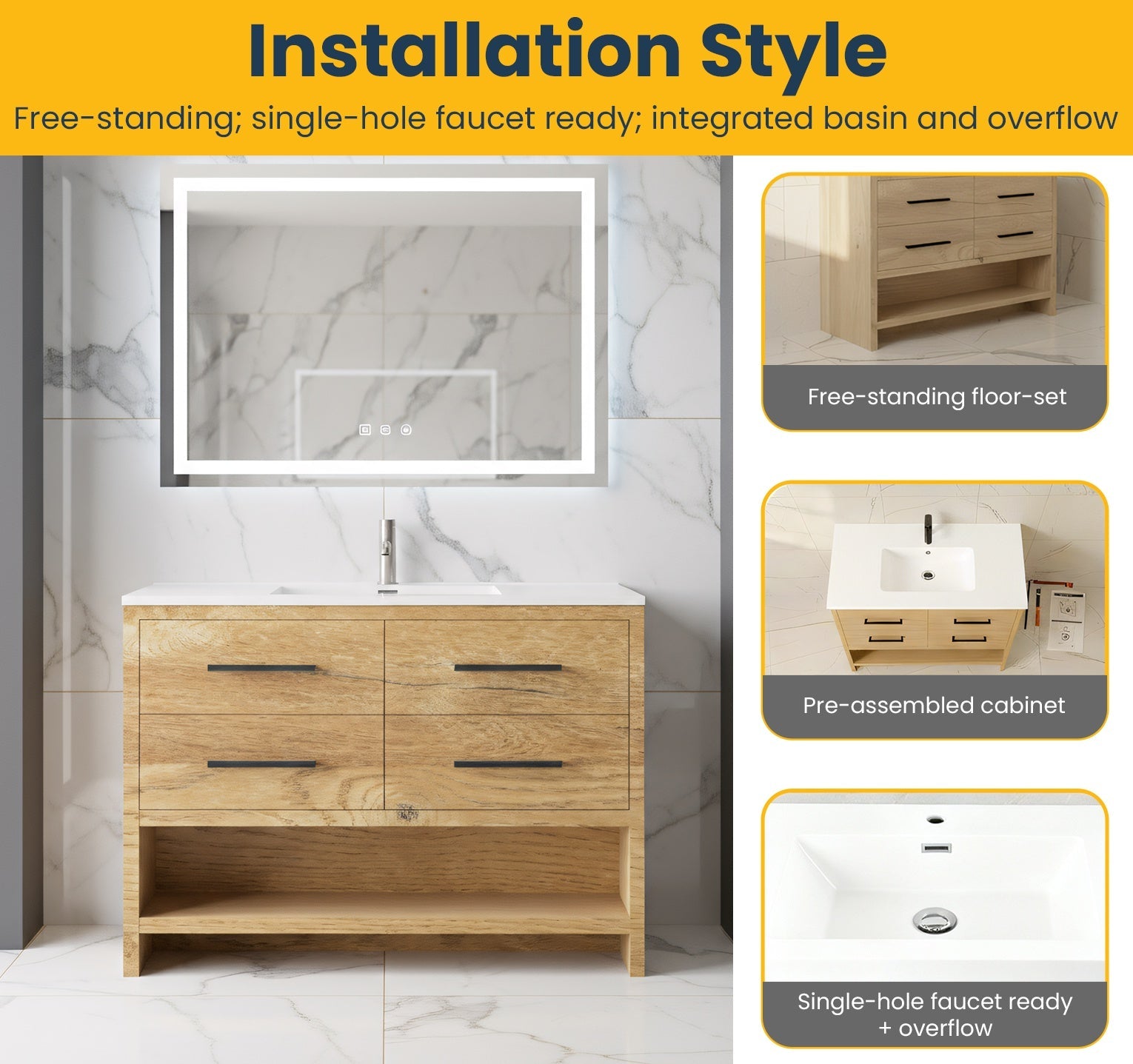 48" Rough Oak Freestanding Bathroom Vanity with White Polymarble Countertop-Migration_Bathroom Vanities-DECOROLALA