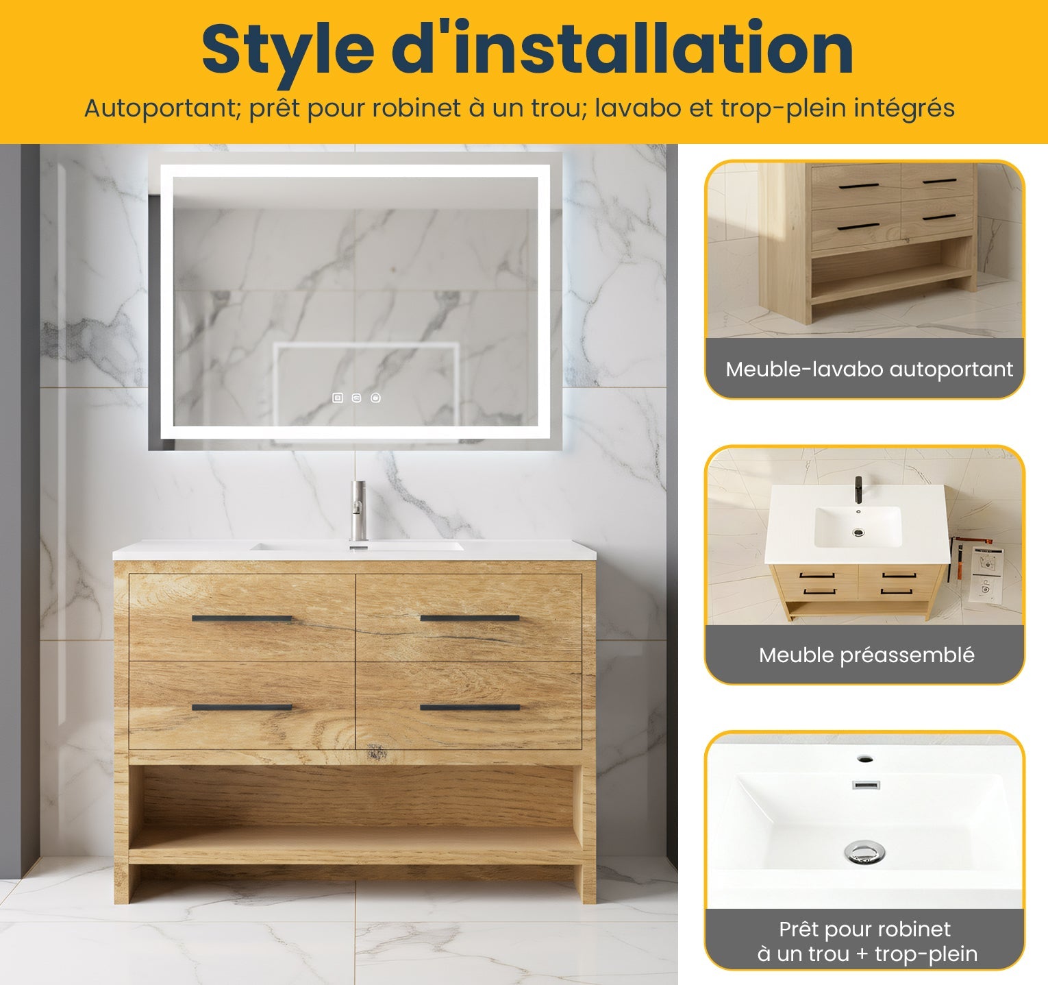 48" Rough Oak Freestanding Bathroom Vanity with White Polymarble Countertop-Migration_Bathroom Vanities-DECOROLALA