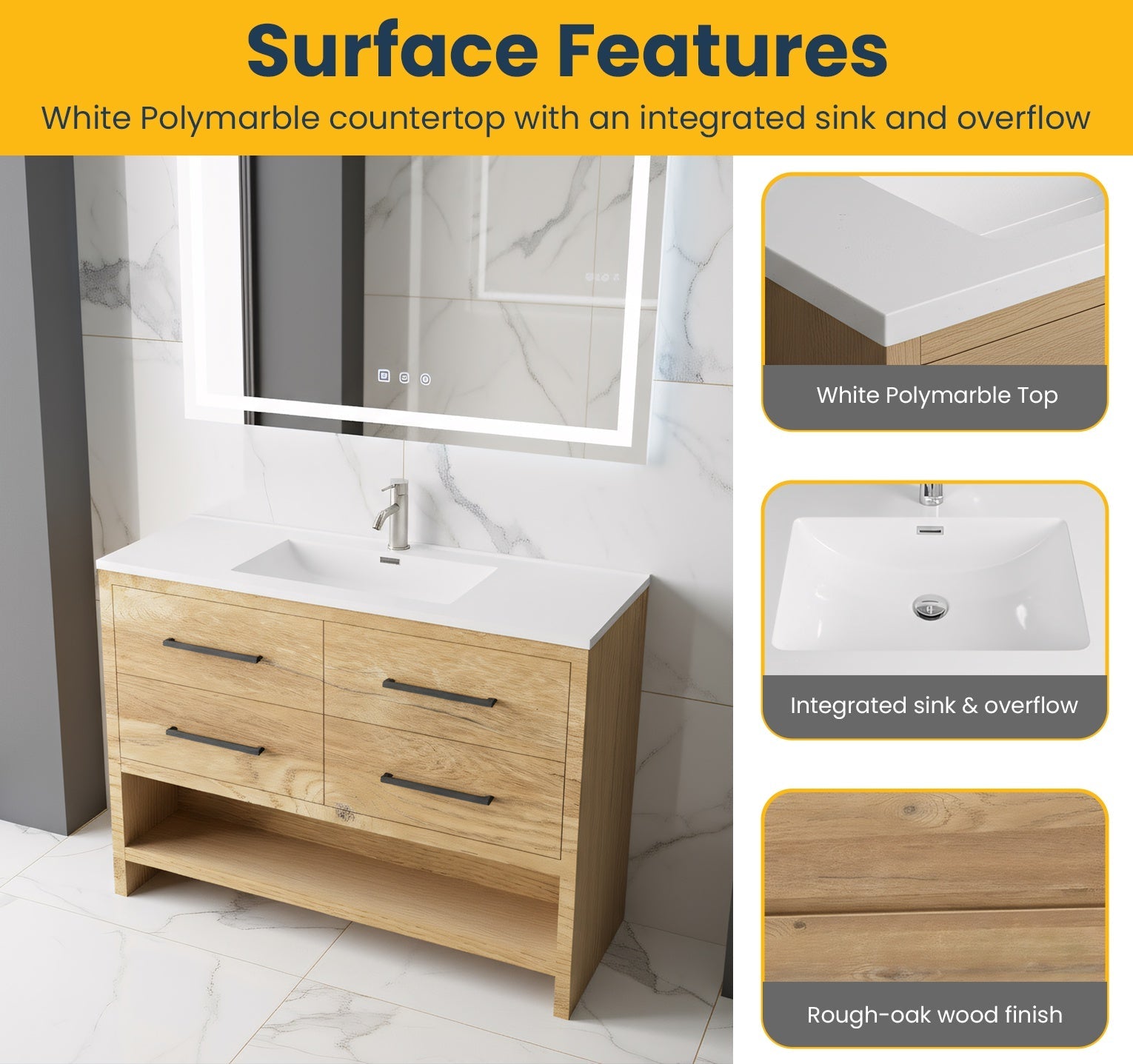 48" Rough Oak Freestanding Bathroom Vanity with White Polymarble Countertop-Migration_Bathroom Vanities-DECOROLALA