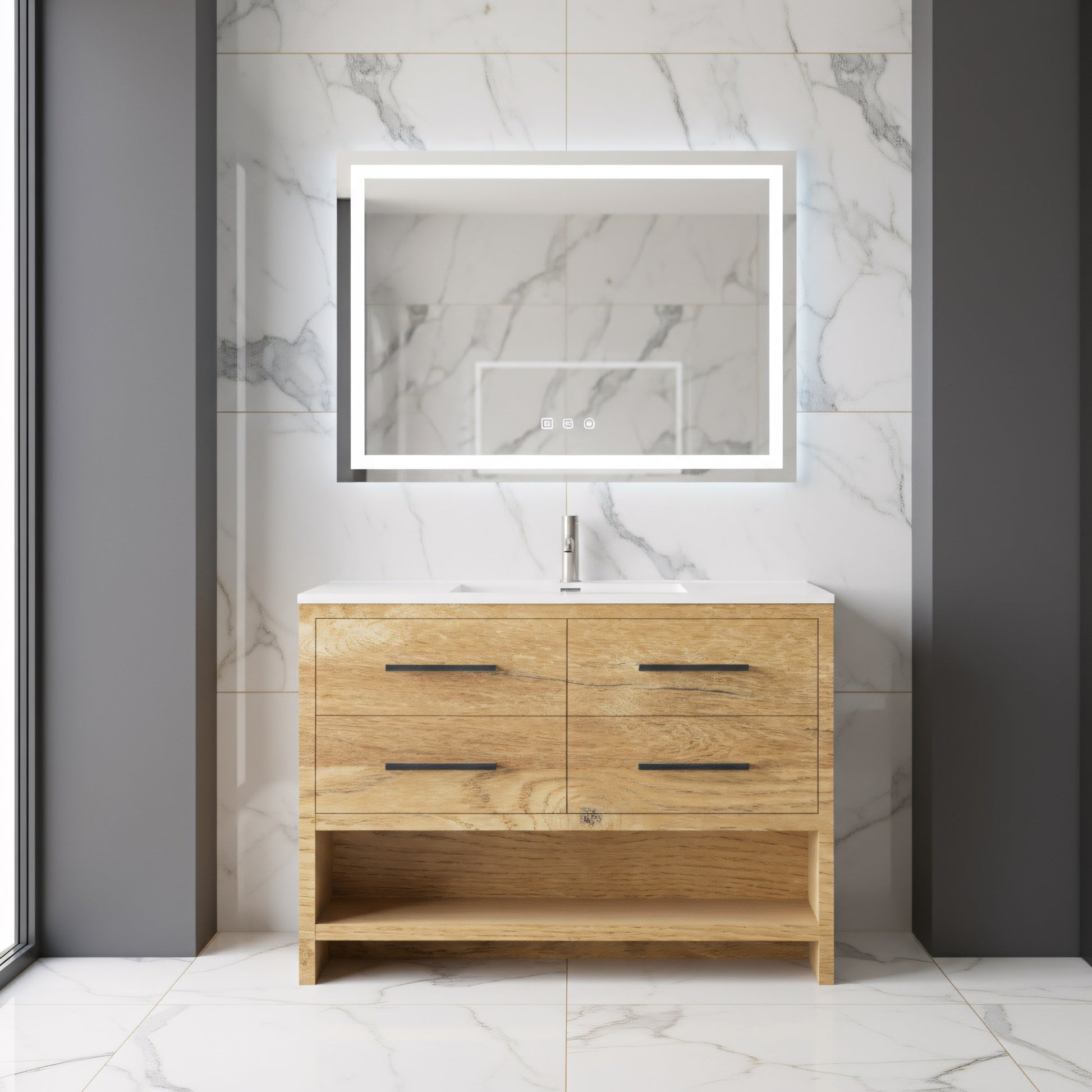 48" Rough Oak Freestanding Bathroom Vanity with White Polymarble Countertop-Migration_Bathroom Vanities-DECOROLALA