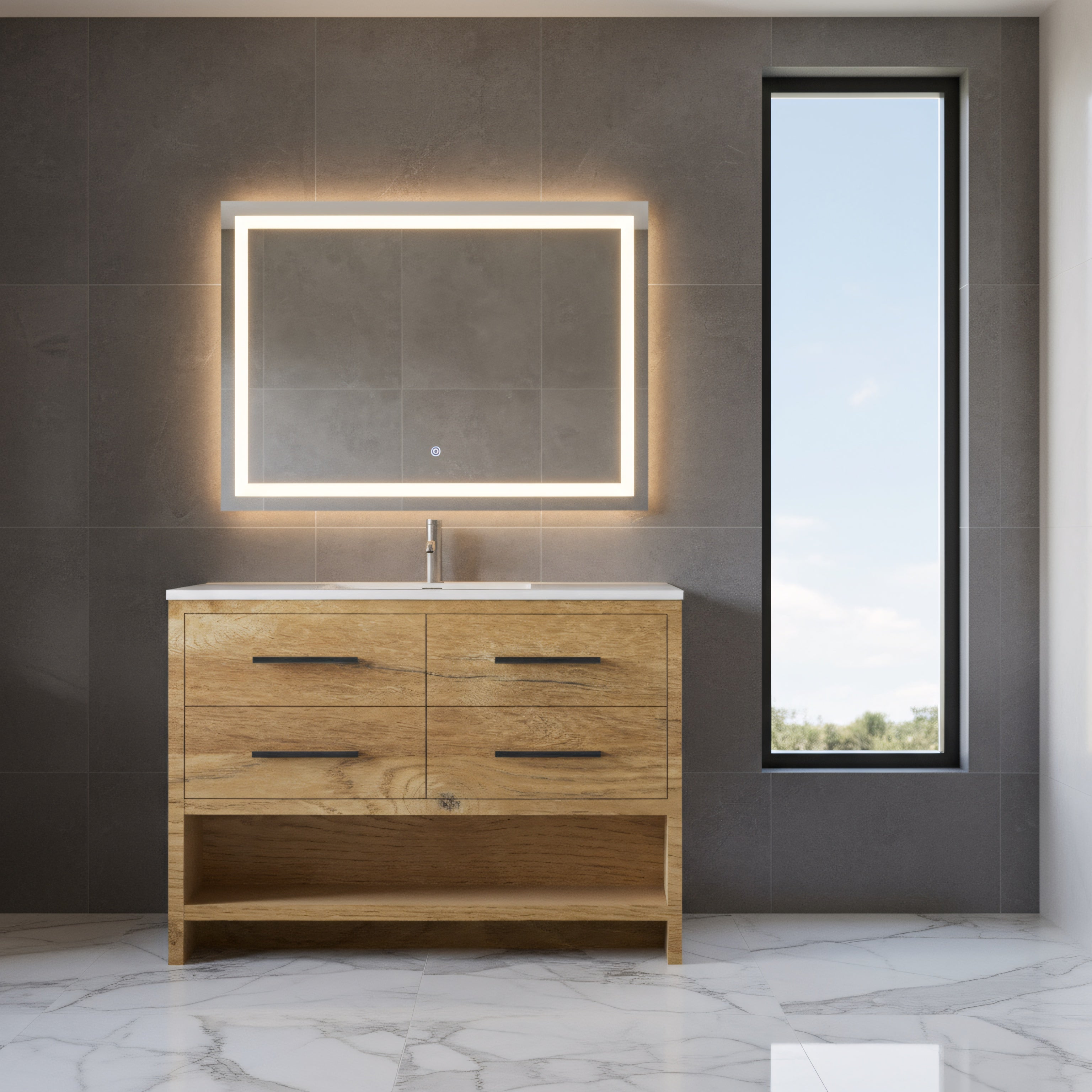 48" Rough Oak Freestanding Bathroom Vanity with White Polymarble Countertop-Migration_Bathroom Vanities-DECOROLALA