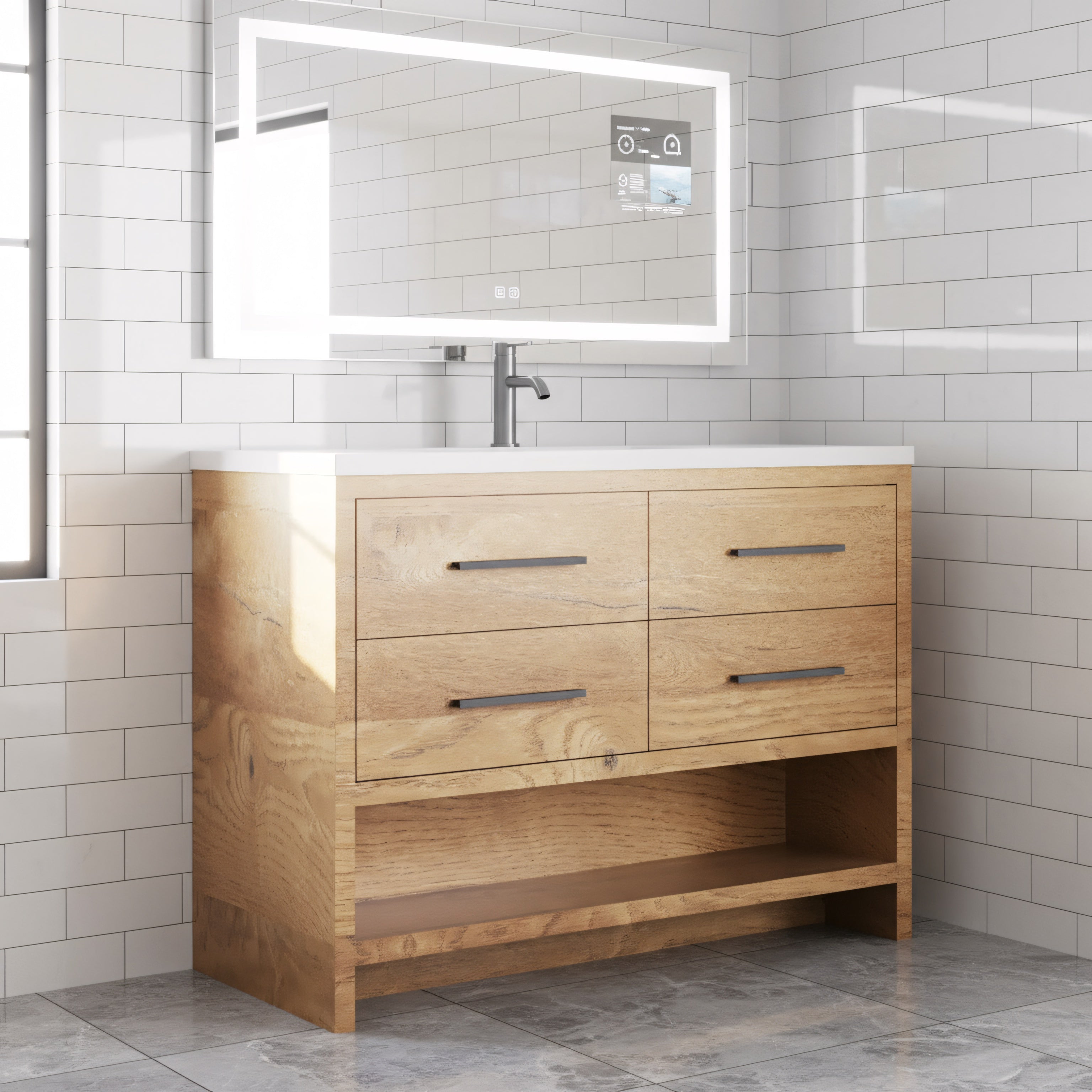 48" Rough Oak Freestanding Bathroom Vanity with White Polymarble Countertop-Migration_Bathroom Vanities-DECOROLALA