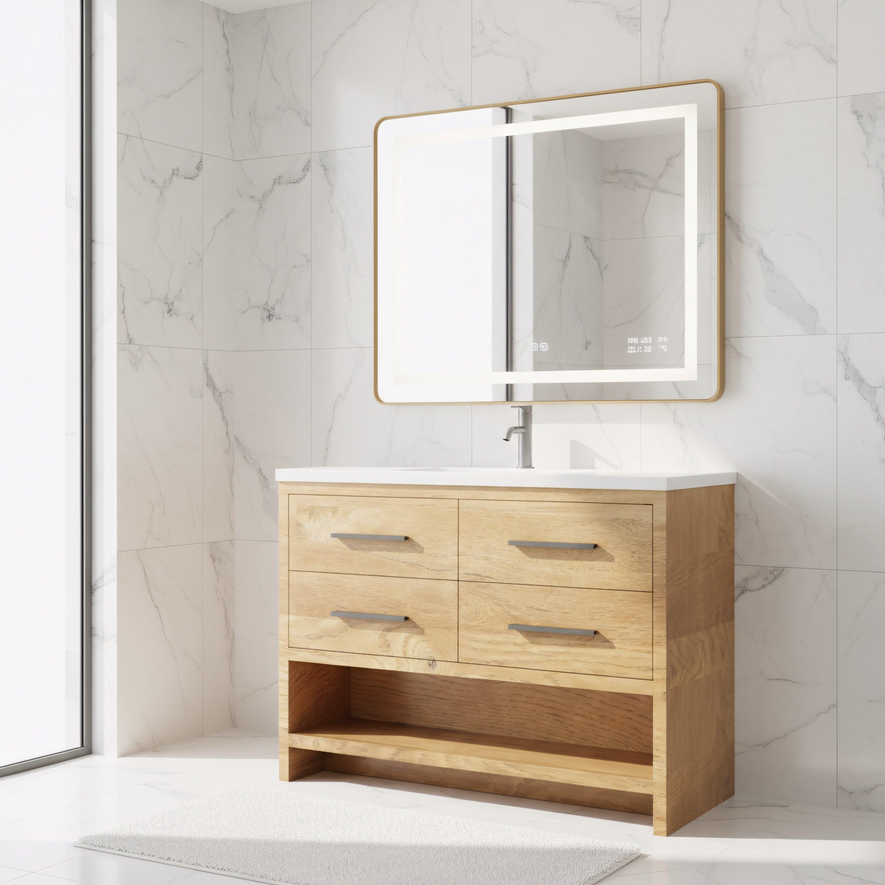 48" Rough Oak Freestanding Bathroom Vanity with White Polymarble Countertop-Migration_Bathroom Vanities-DECOROLALA