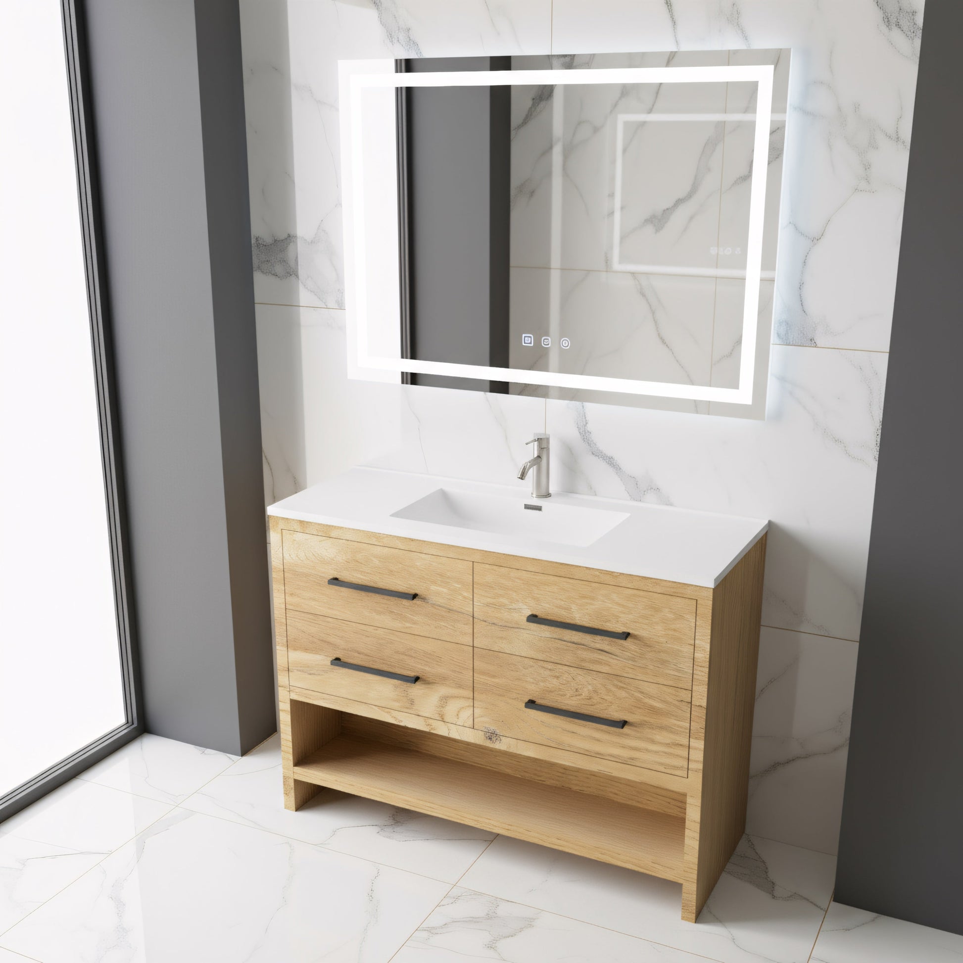 48" Rough Oak Freestanding Bathroom Vanity with White Polymarble Countertop-Migration_Bathroom Vanities-DECOROLALA