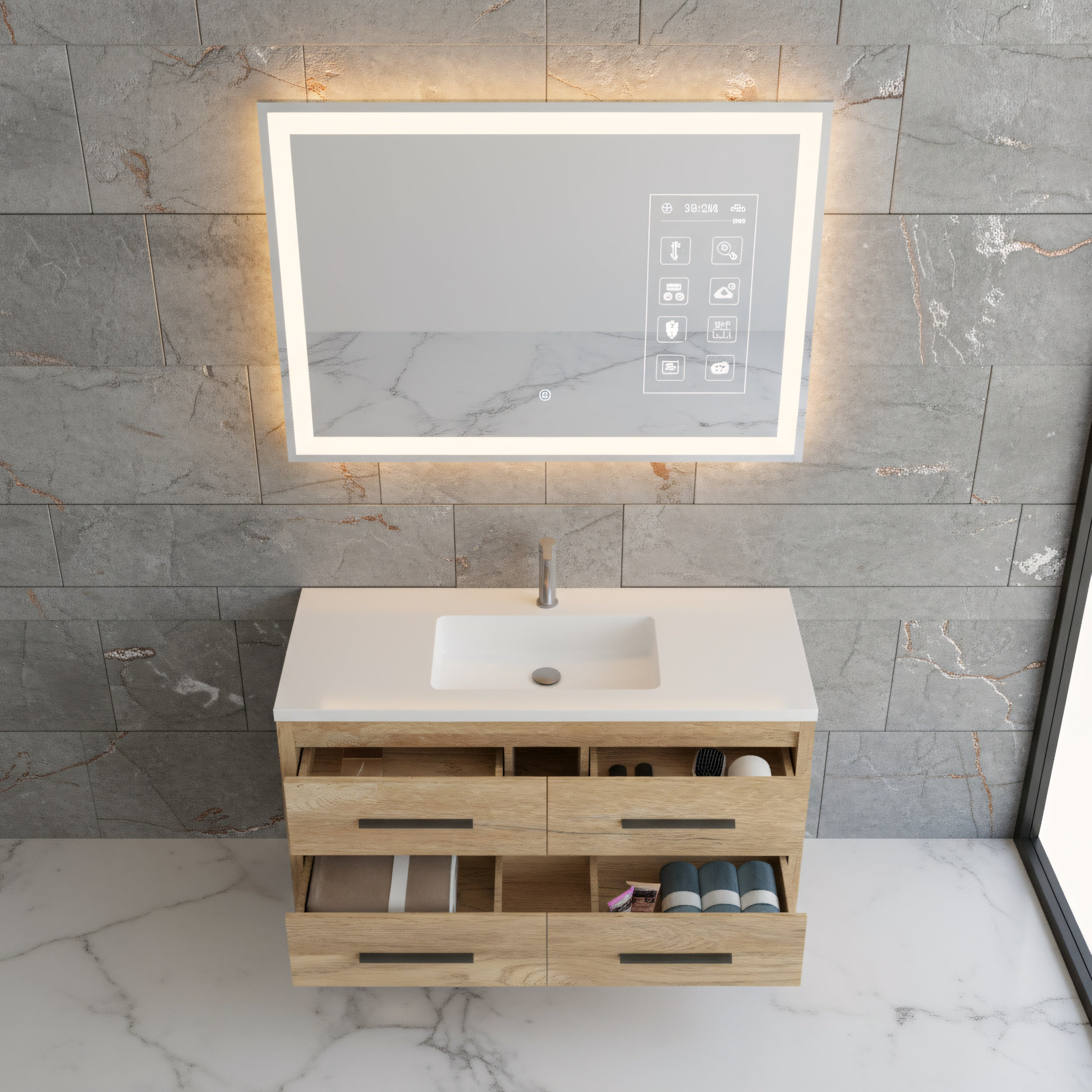 48" Rough Oak Freestanding Bathroom Vanity with White Polymarble Countertop-Migration_Bathroom Vanities-DECOROLALA