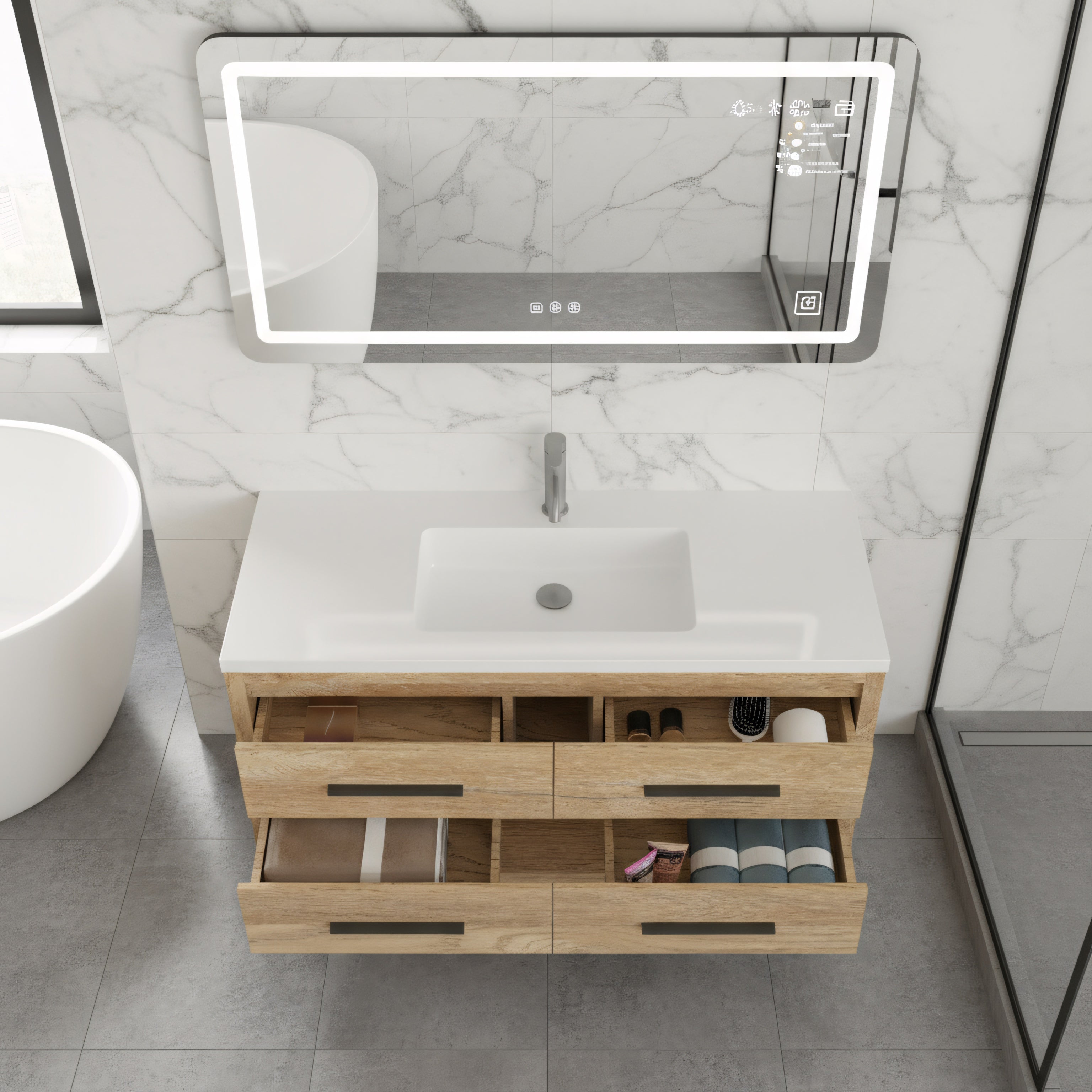 48" Rough Oak Freestanding Bathroom Vanity with White Polymarble Countertop-Migration_Bathroom Vanities-DECOROLALA