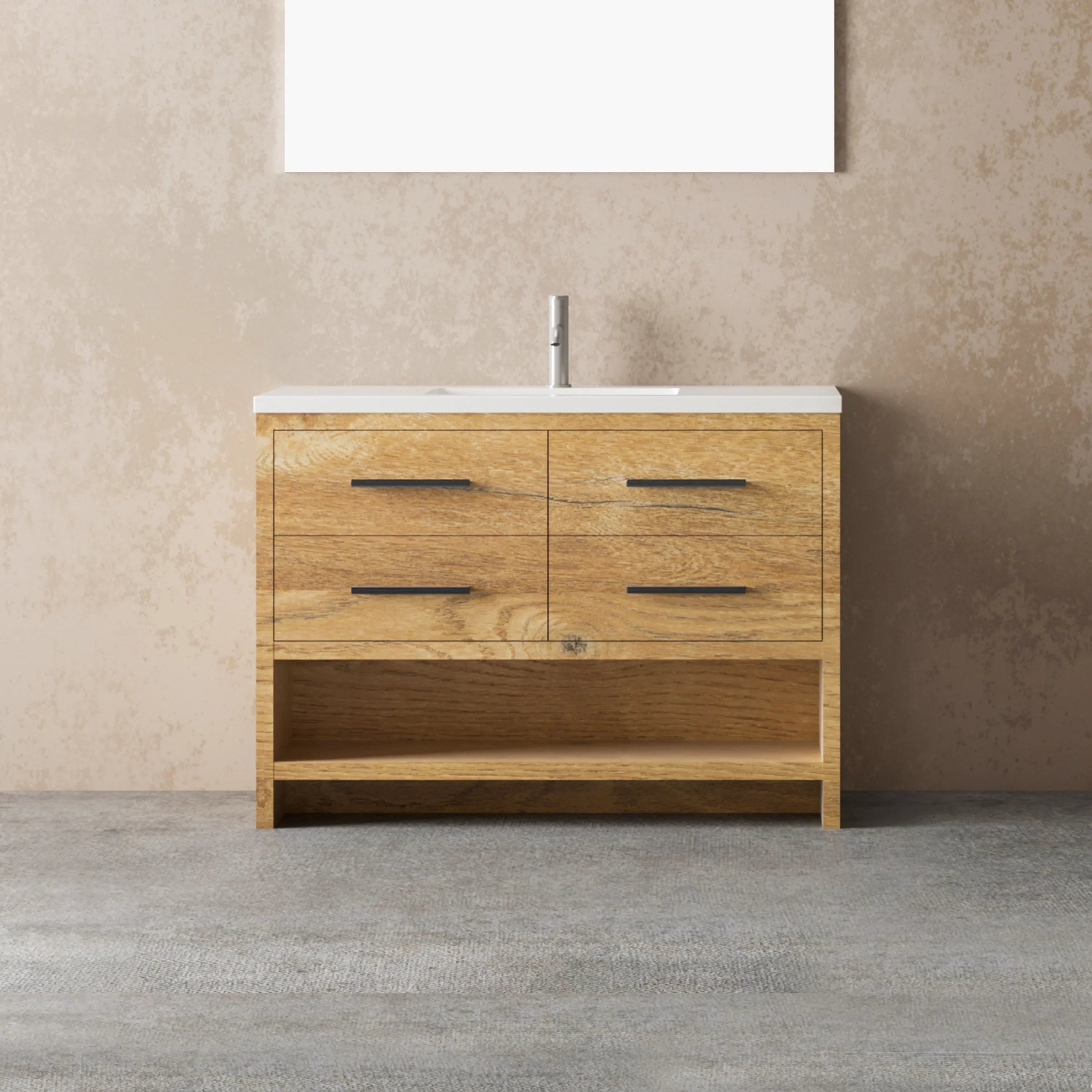 48" Rough Oak Freestanding Bathroom Vanity with White Polymarble Countertop-Migration_Bathroom Vanities-DECOROLALA