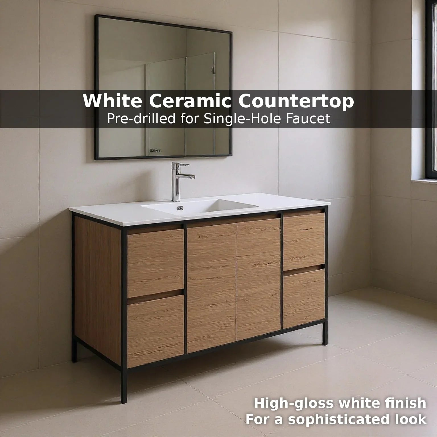 48" Rough Oak Freestanding Single Sink Bathroom Vanity with White Ceramic Countertop and Black Metal Frame-Migration_Bathroom Vanities-DECOROLALA