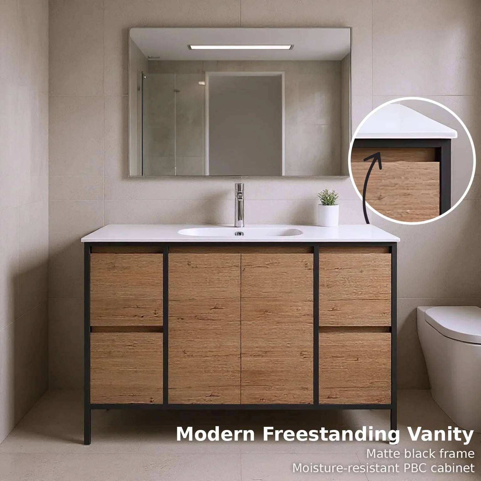 48" Rough Oak Freestanding Single Sink Bathroom Vanity with White Ceramic Countertop and Black Metal Frame-Migration_Bathroom Vanities-DECOROLALA