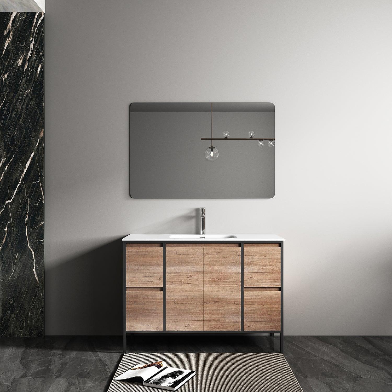 48" Rough Oak Freestanding Single Sink Bathroom Vanity with White Ceramic Countertop and Black Metal Frame-Migration_Bathroom Vanities-DECOROLALA