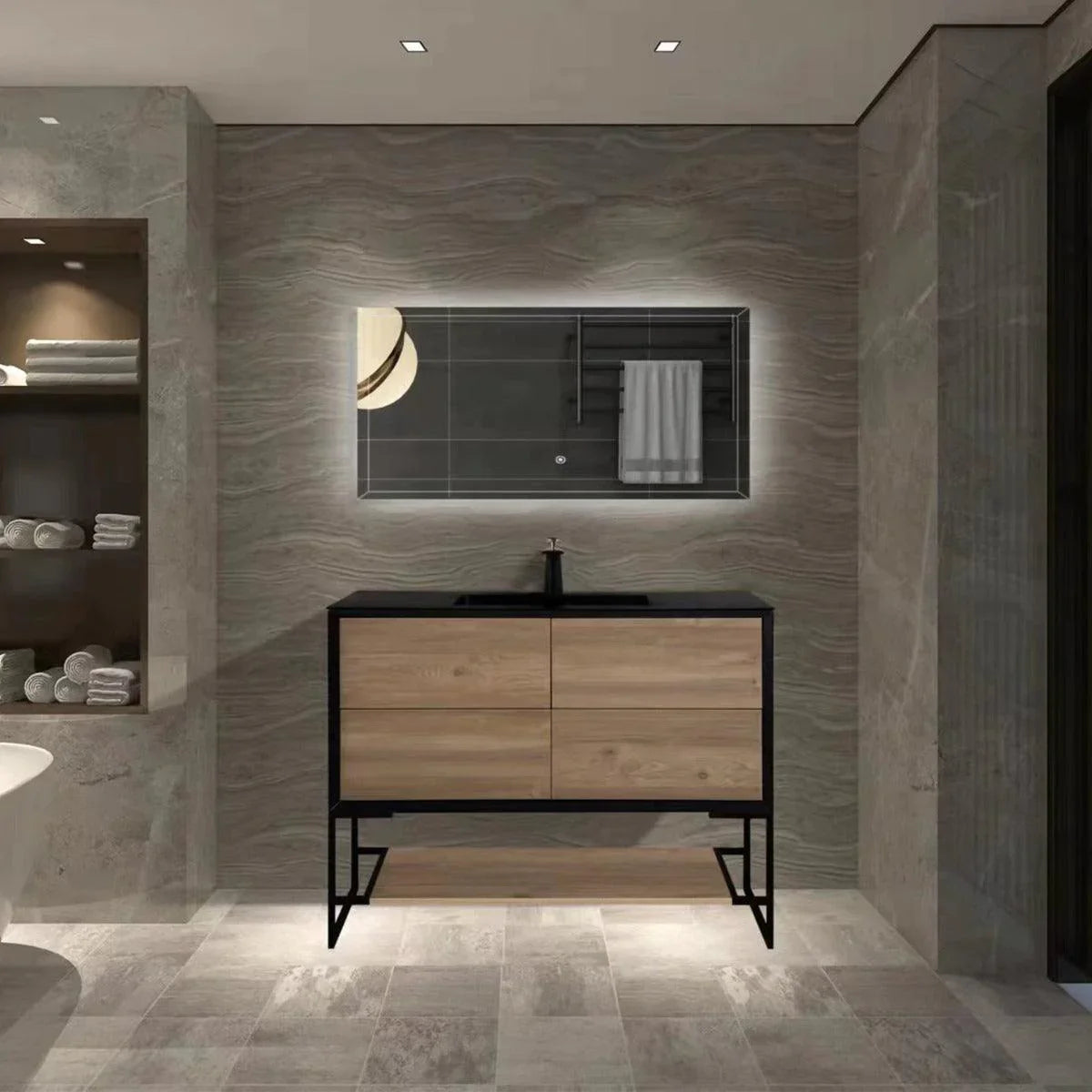 48" Rough Oak Open Shelf with Matte Black Frame-Migration_Bathroom Vanities-DECOROLALA