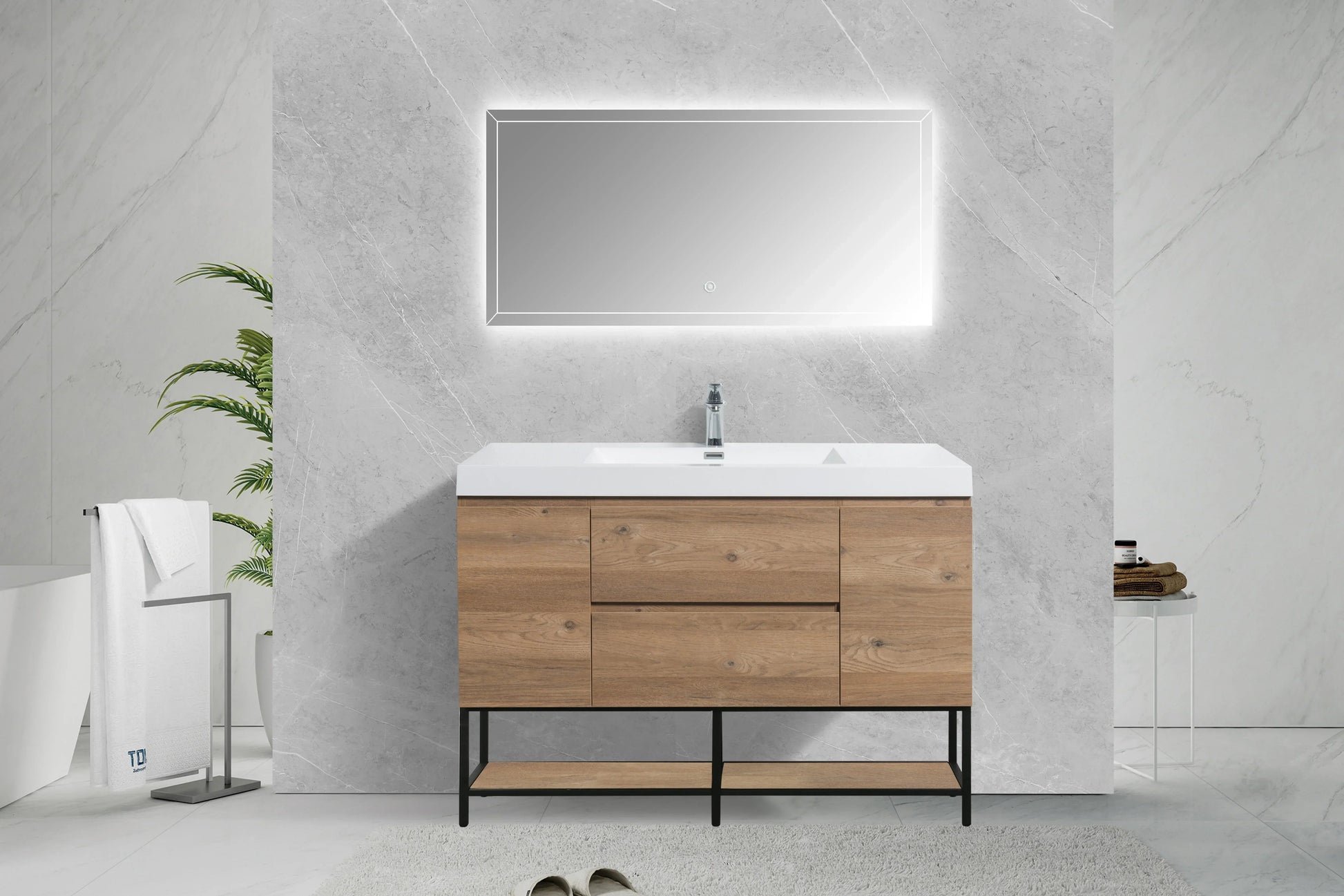 48" Rough Oak Wall Mount Single Sink Bathroom Vanity with White Polymarble Countertop - KD-Migration_Bathroom Vanities-DECOROLALA