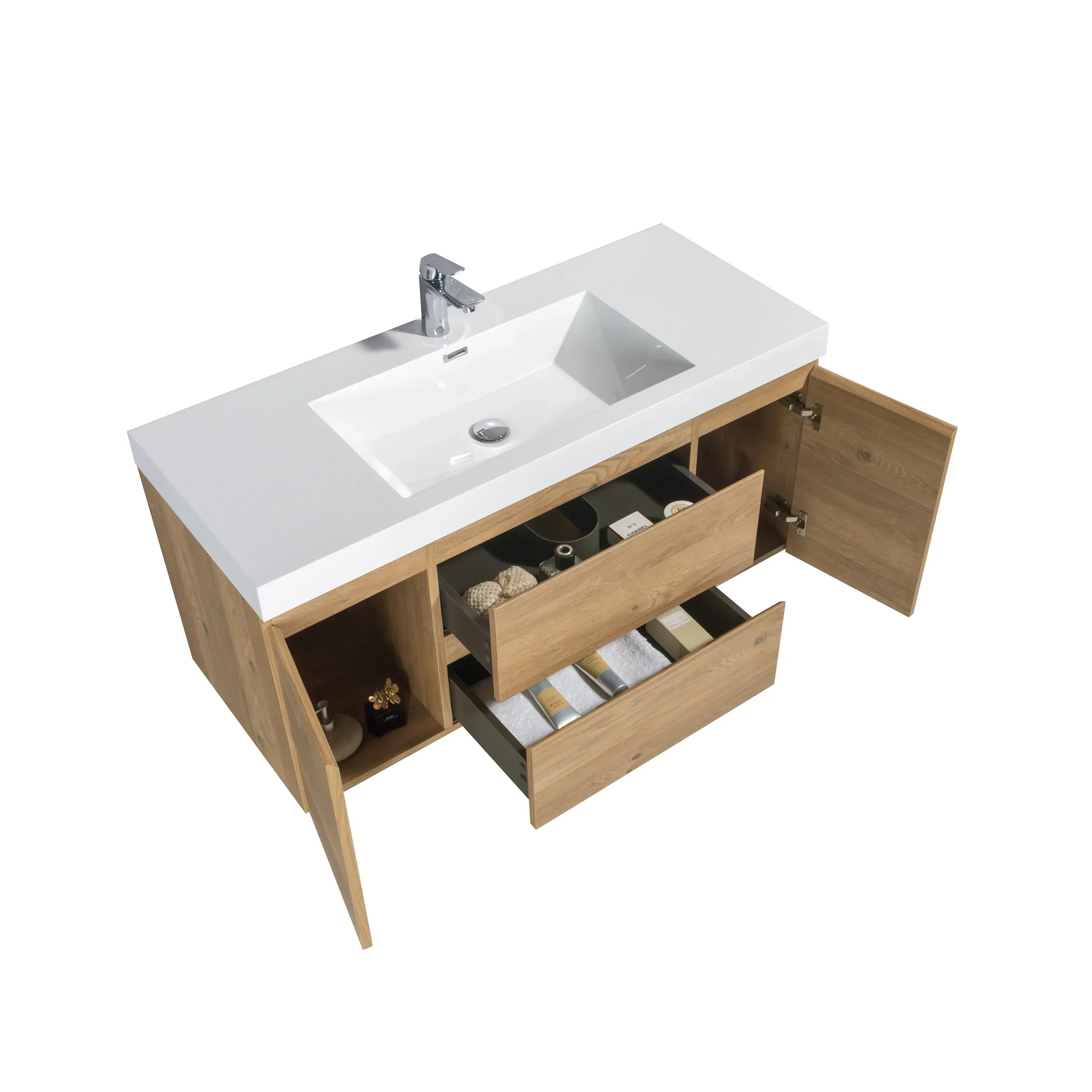 48" Rough Oak Wall Mount Single Sink Bathroom Vanity with White Polymarble Countertop - KD-Migration_Bathroom Vanities-DECOROLALA