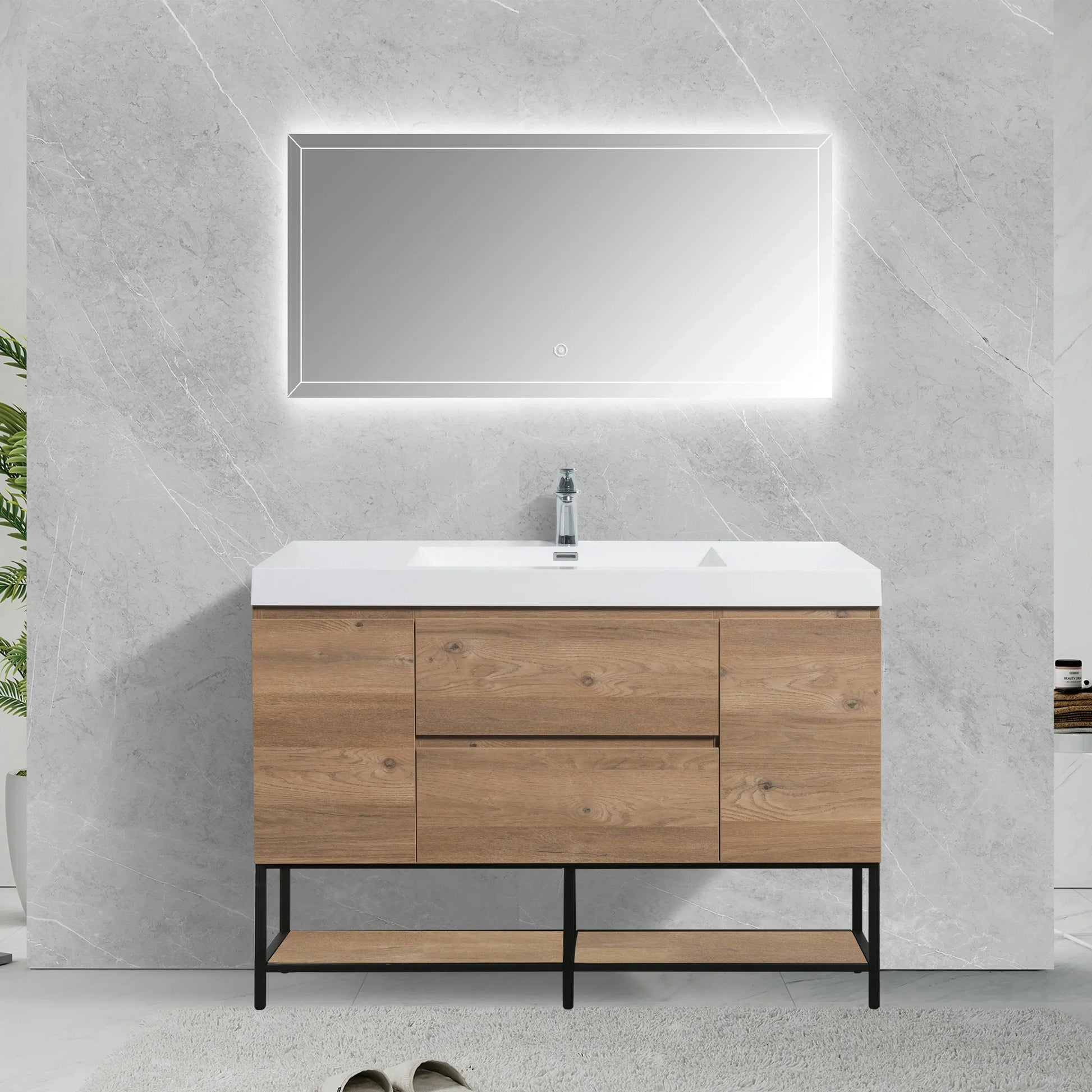 48" Rough Oak Wall Mount Single Sink Bathroom Vanity with White Polymarble Countertop - KD-Migration_Bathroom Vanities-DECOROLALA