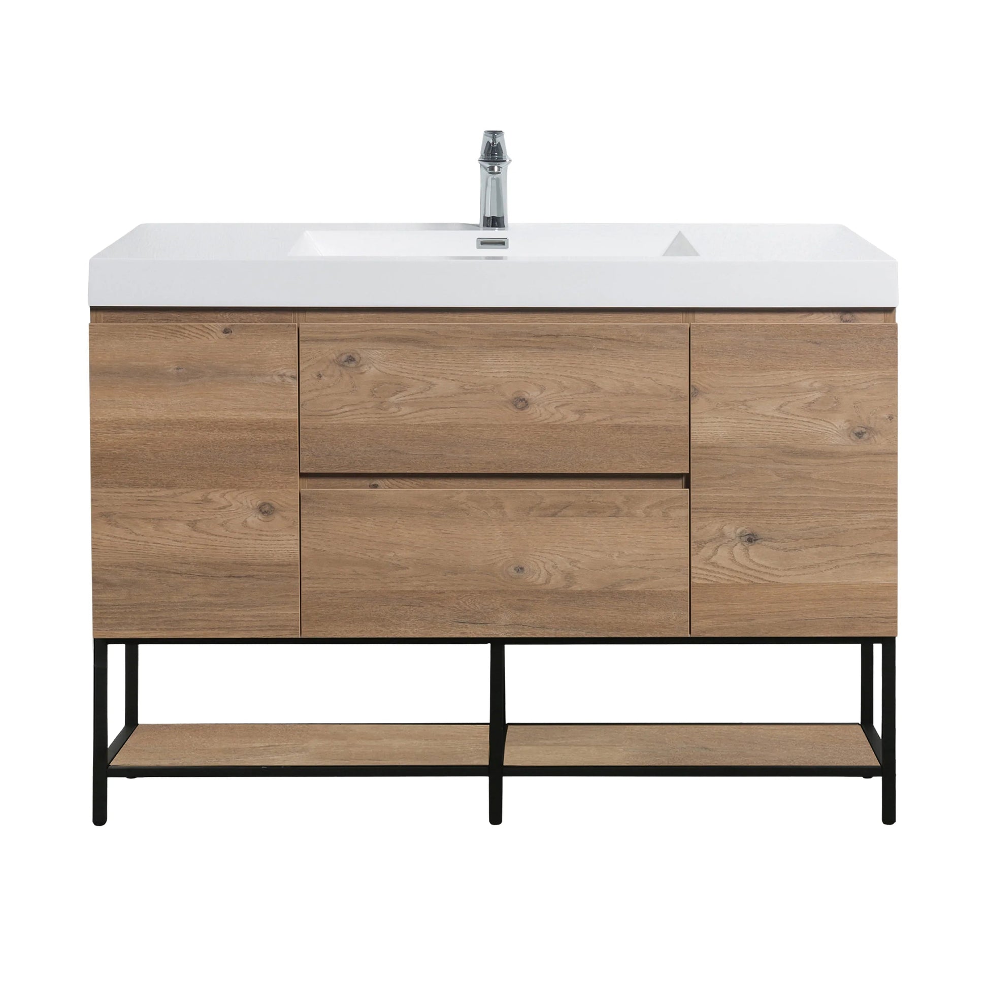 48" Rough Oak Wall Mount Single Sink Bathroom Vanity with White Polymarble Countertop - KD-Migration_Bathroom Vanities-DECOROLALA