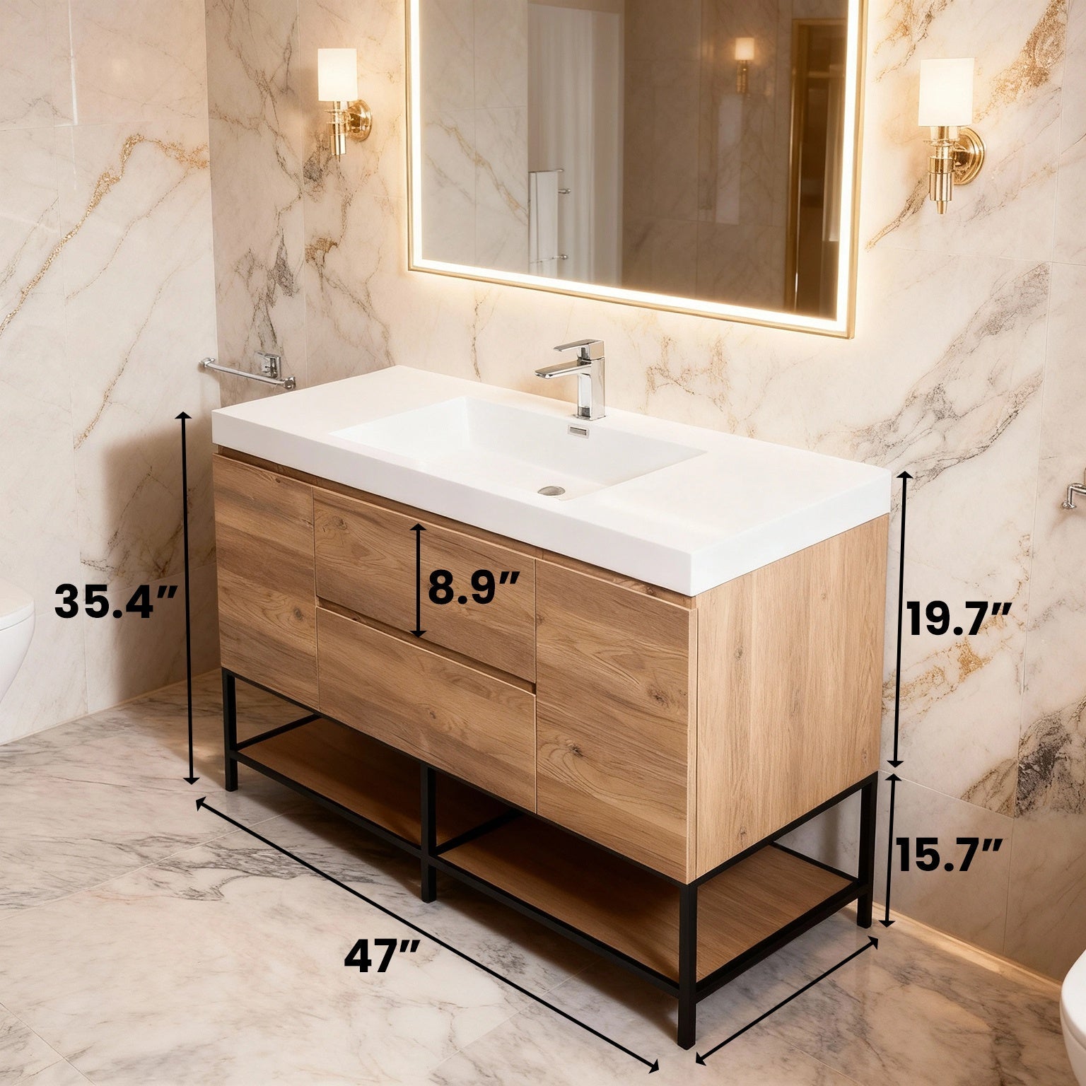 48" Rough Oak Wall Mount Single Sink Bathroom Vanity with White Polymarble Countertop-Migration_Bathroom Vanities-DECOROLALA