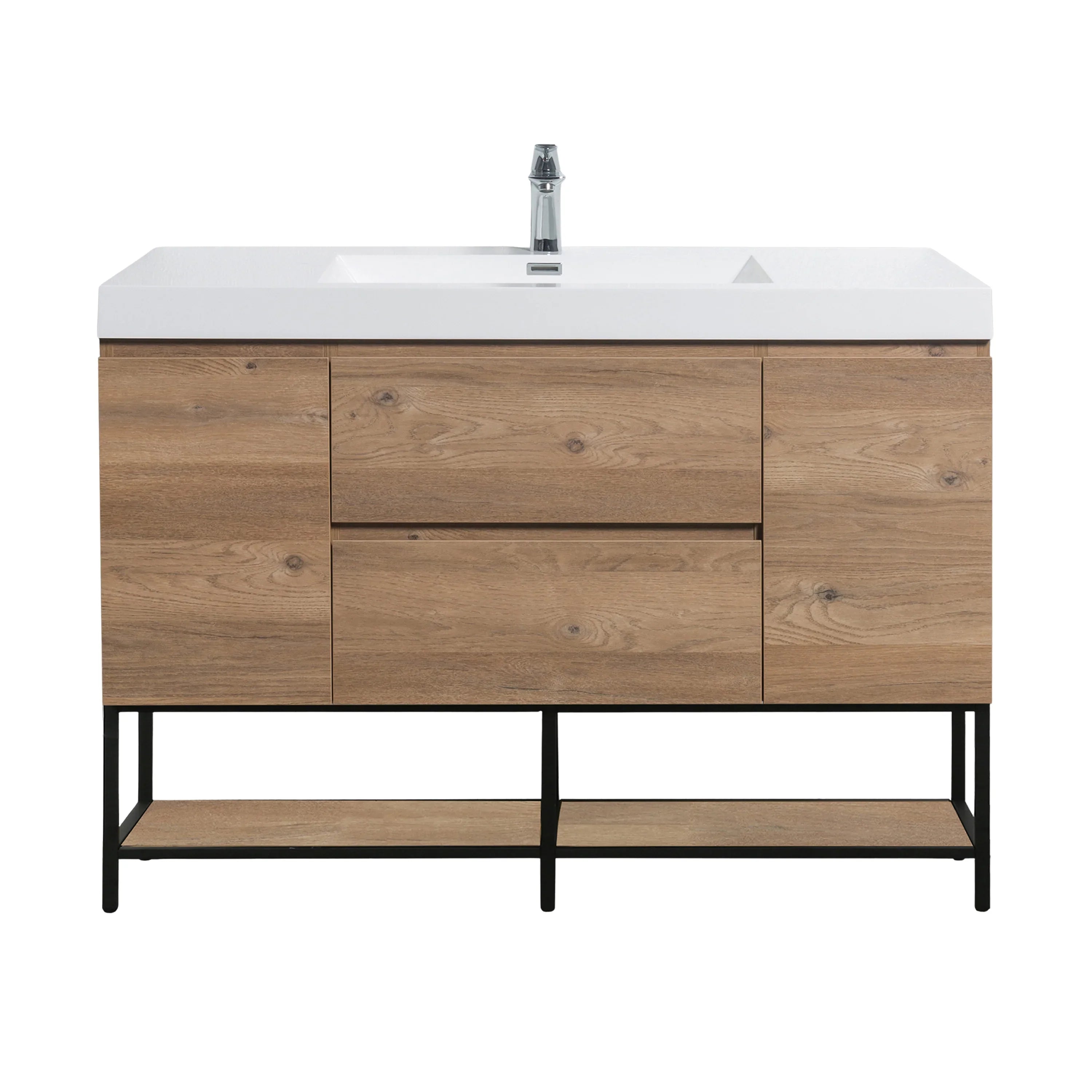 48" Rough Oak Wall Mount Single Sink Bathroom Vanity with White Polymarble Countertop-Migration_Bathroom Vanities-DECOROLALA